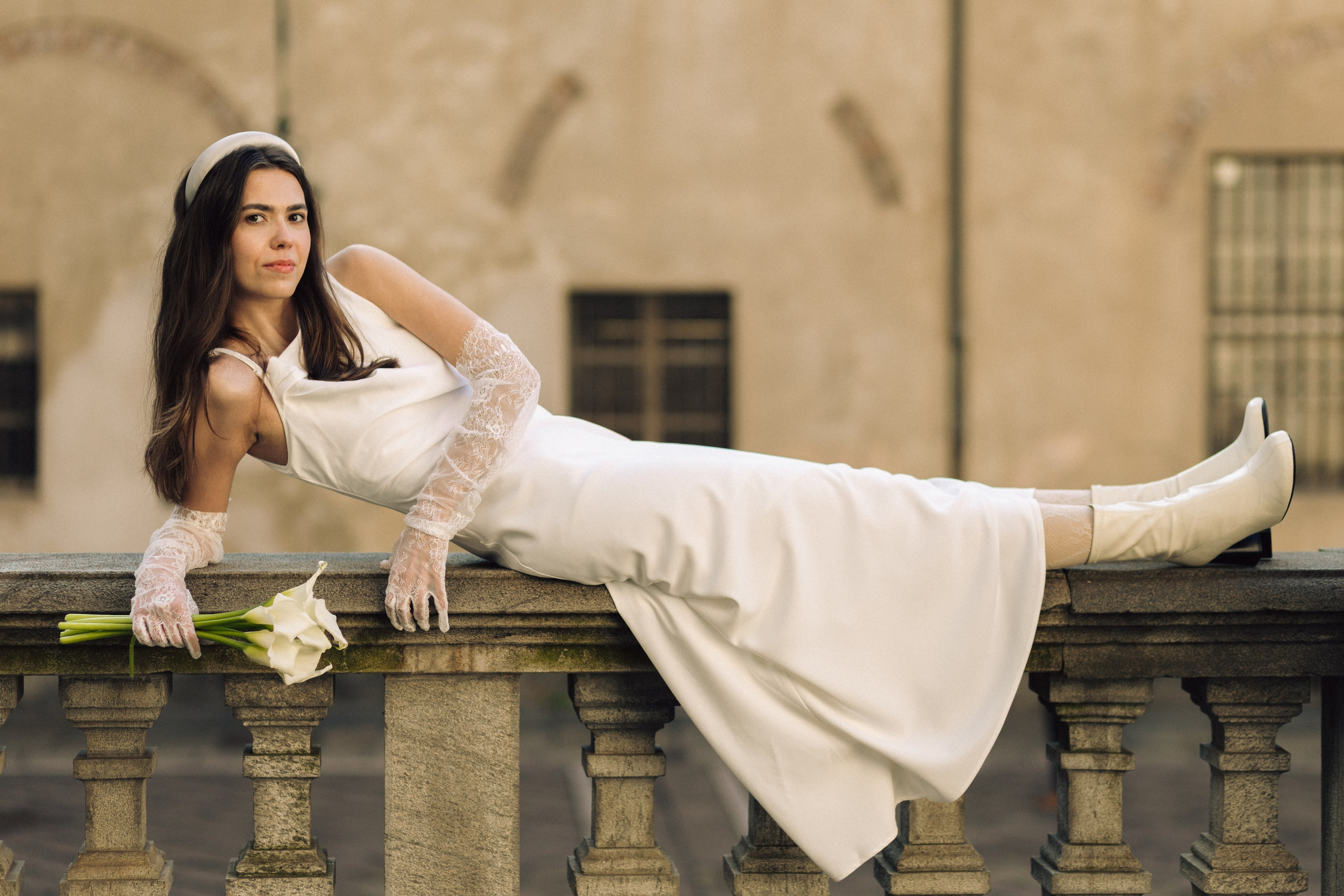 Elegant bridal portrait in the streets of Turin