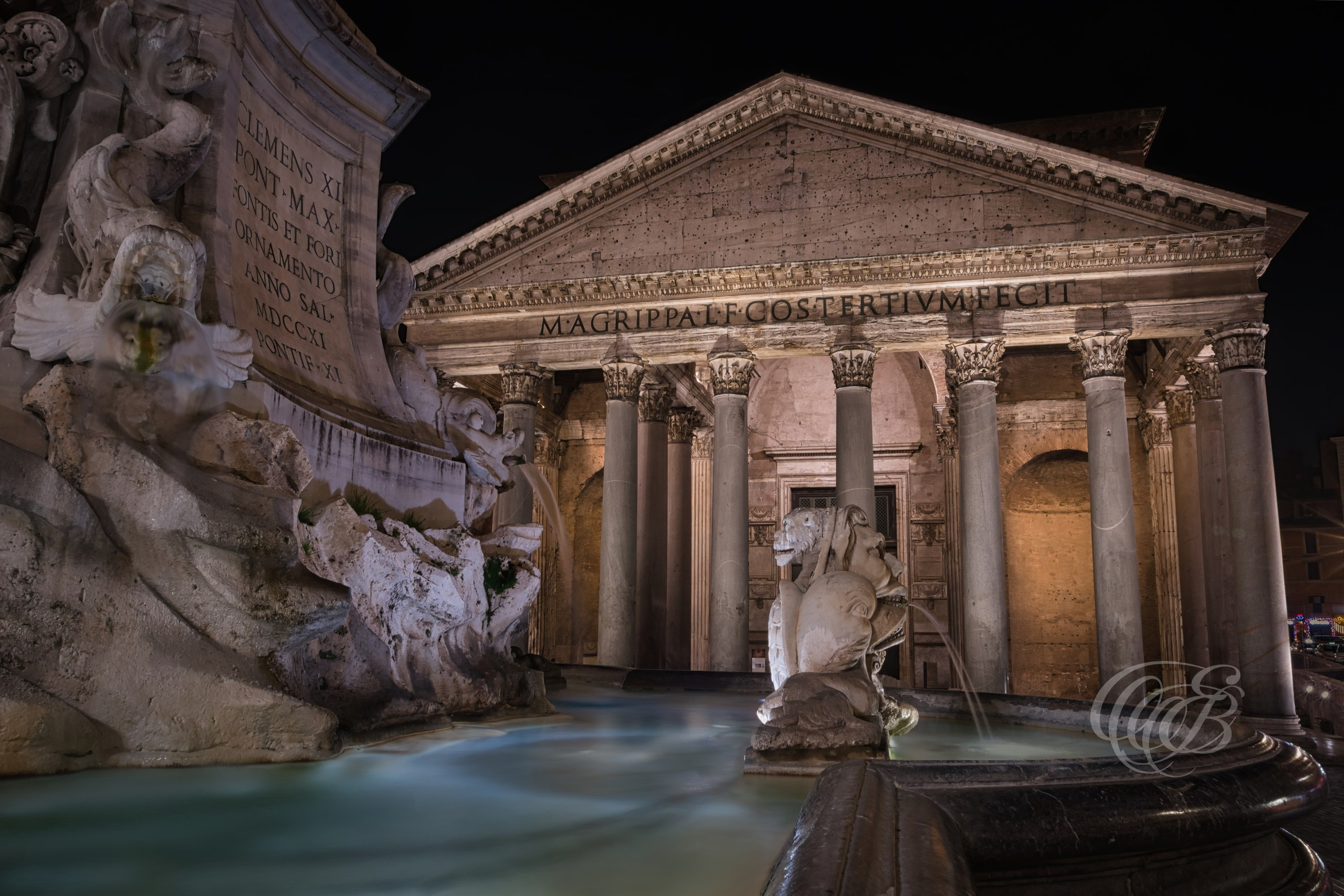 Rome, Italy – Night view of the Pantheon – Eduardo Bartoli Fine Art Photography – Night photograph of the Pantheon in Rome, granite Corinthian columns and portico illuminated against the evening sky, ancient Roman temple rebuilt by Hadrian – Rome, Italy – Night view of the Pantheon – Eduardo Bartoli Fine Art Photography.
