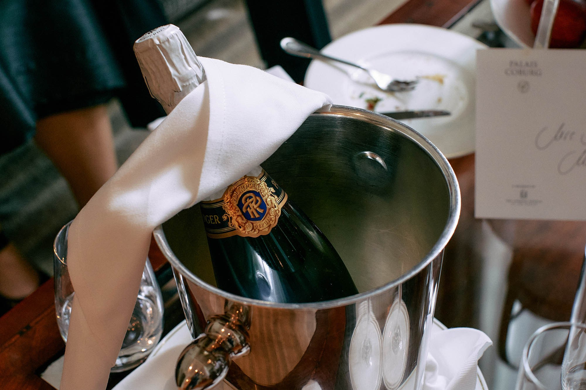 Champagne bottle for wedding celebration at Palais Coburg Vienna.