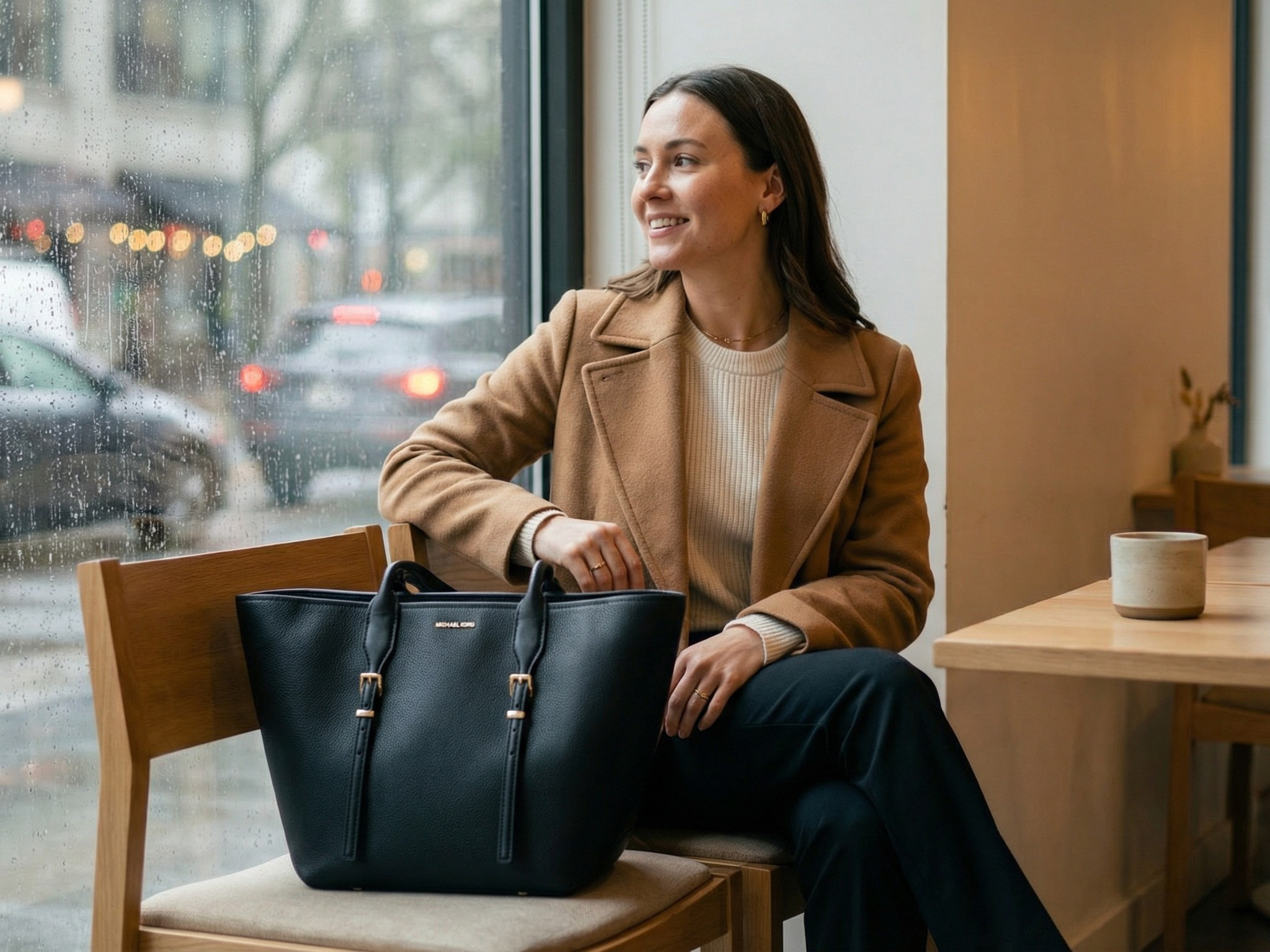 AI lifestyle visualization black tote bag café interior fashion photography