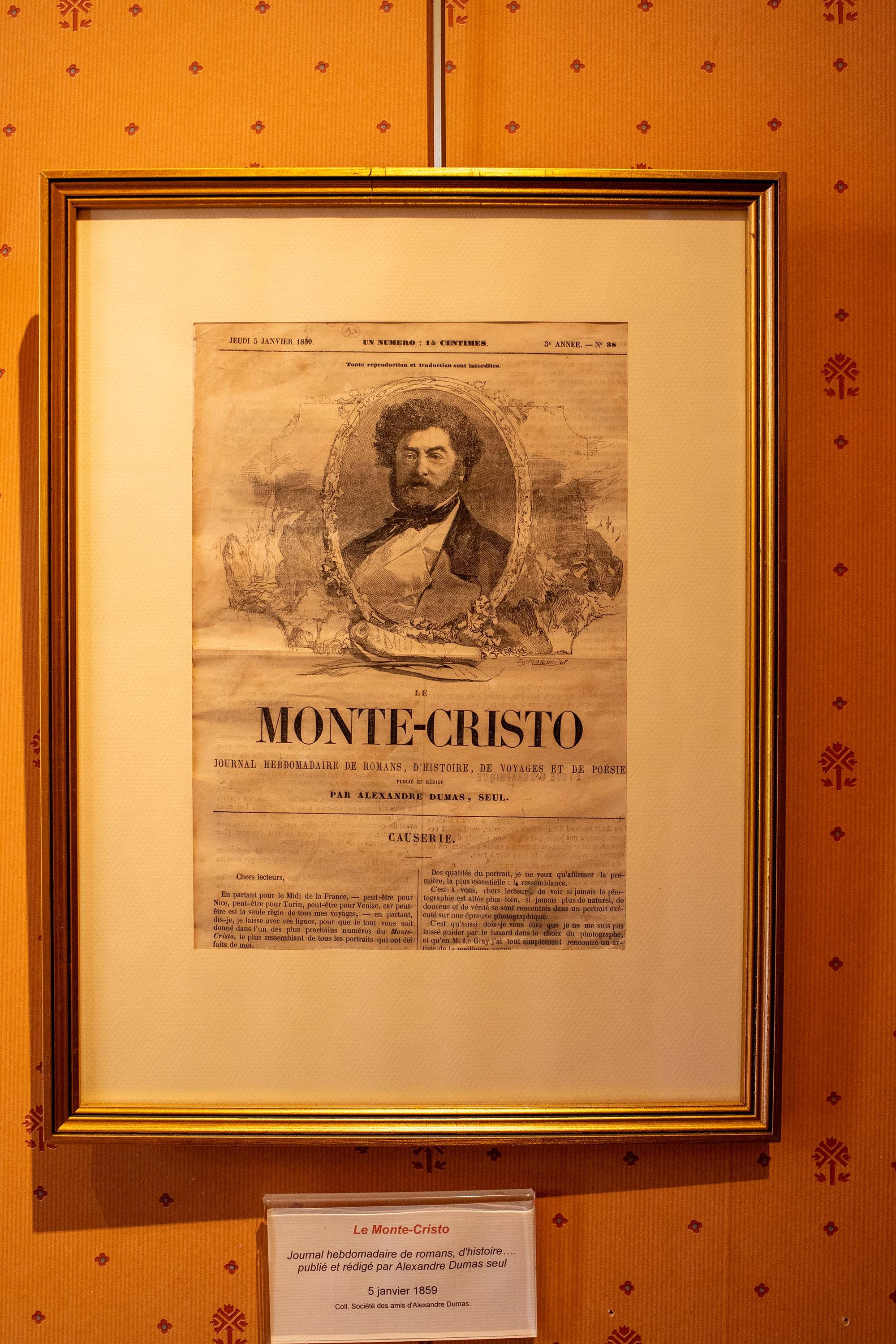 Original 1859 front page of Le Monte-Cristo journal by Alexandre Dumas displayed at Château de Monte-Cristo near Paris