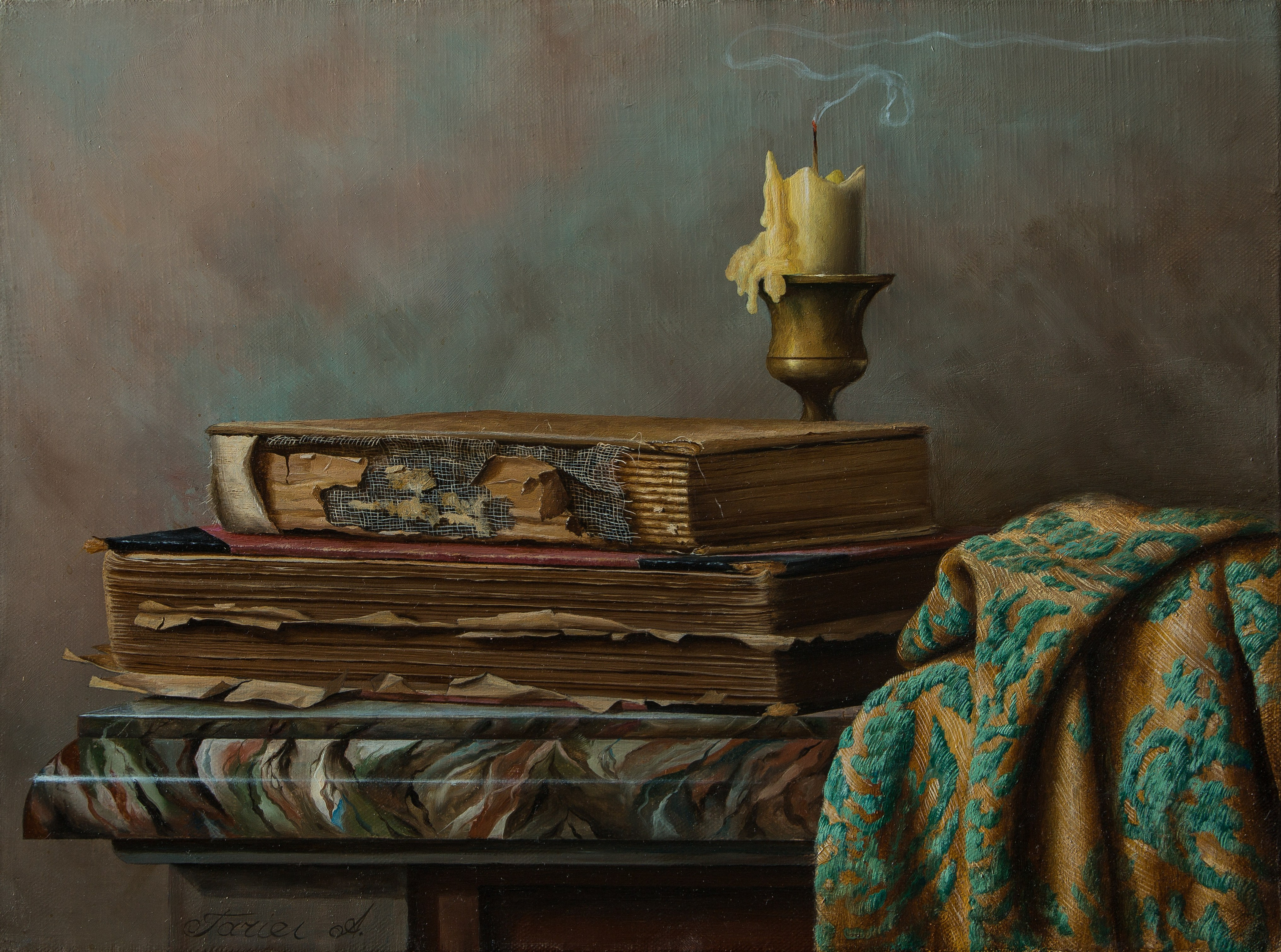 Tariel Əhmədovun yağlı boya ilə çəkilmiş natürmort əsəri, müxtəlif rəngli mərmər naxışlı səth üzərində üst-üstə yığılmış köhnə, cırılmış kitabları təsvir edir. Sağda qalın, yaşıl-qızılı naxışlı parça sərilmişdir. Yığılmış kitabların üstündə, bürünc şamdan içində yeni sönmüş, ərimiş bir şamın fitilindən nazik tüstü yuxarı qalxır. Arxa fon tutqun qəhvəyi və yaşılımtıl-mavi tonların qarışığıdır. Əsərin reproduksiyası: Ayaz Mikayıl-zadə.