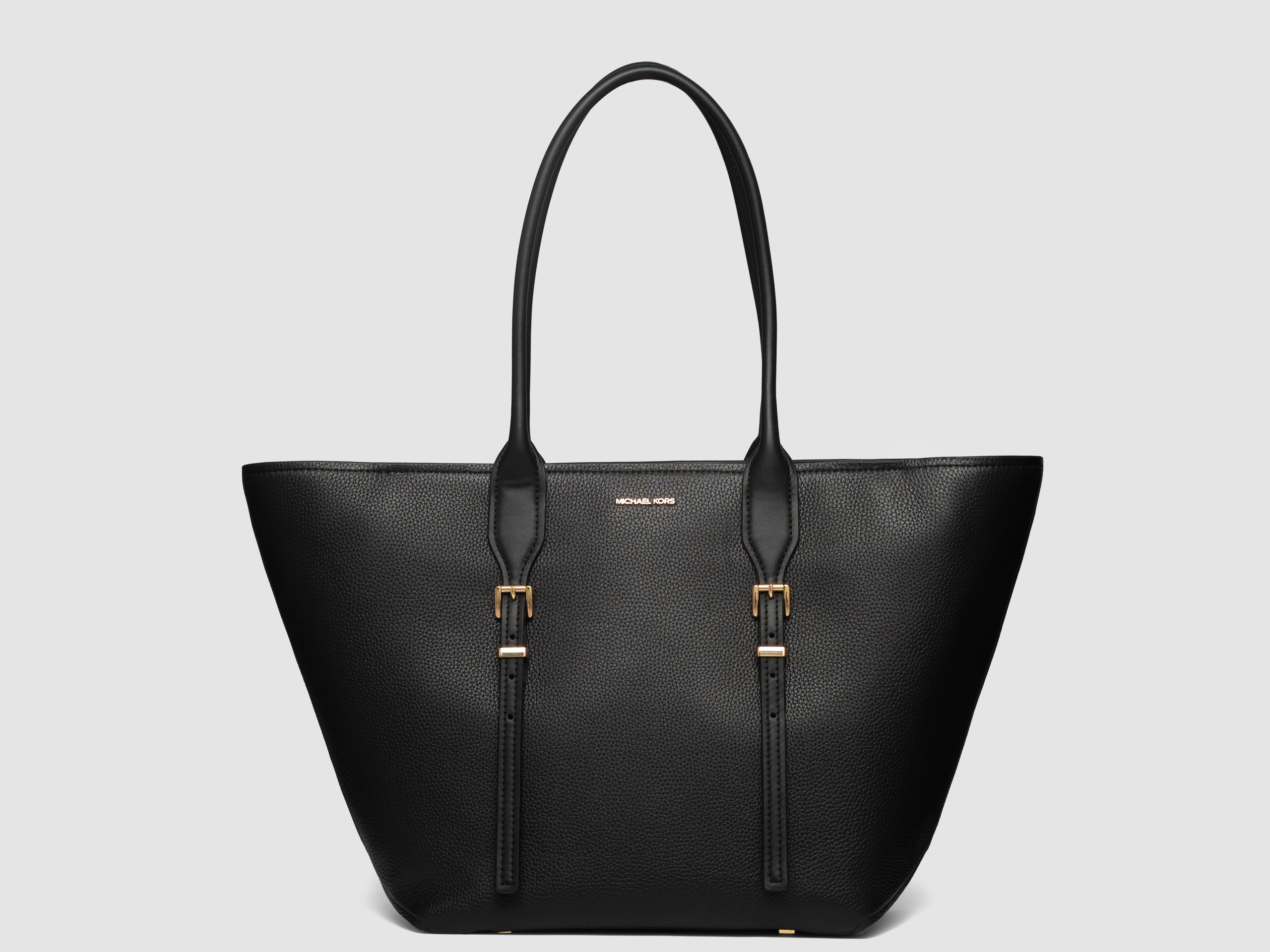 Black leather tote bag white background fashion accessories product photography