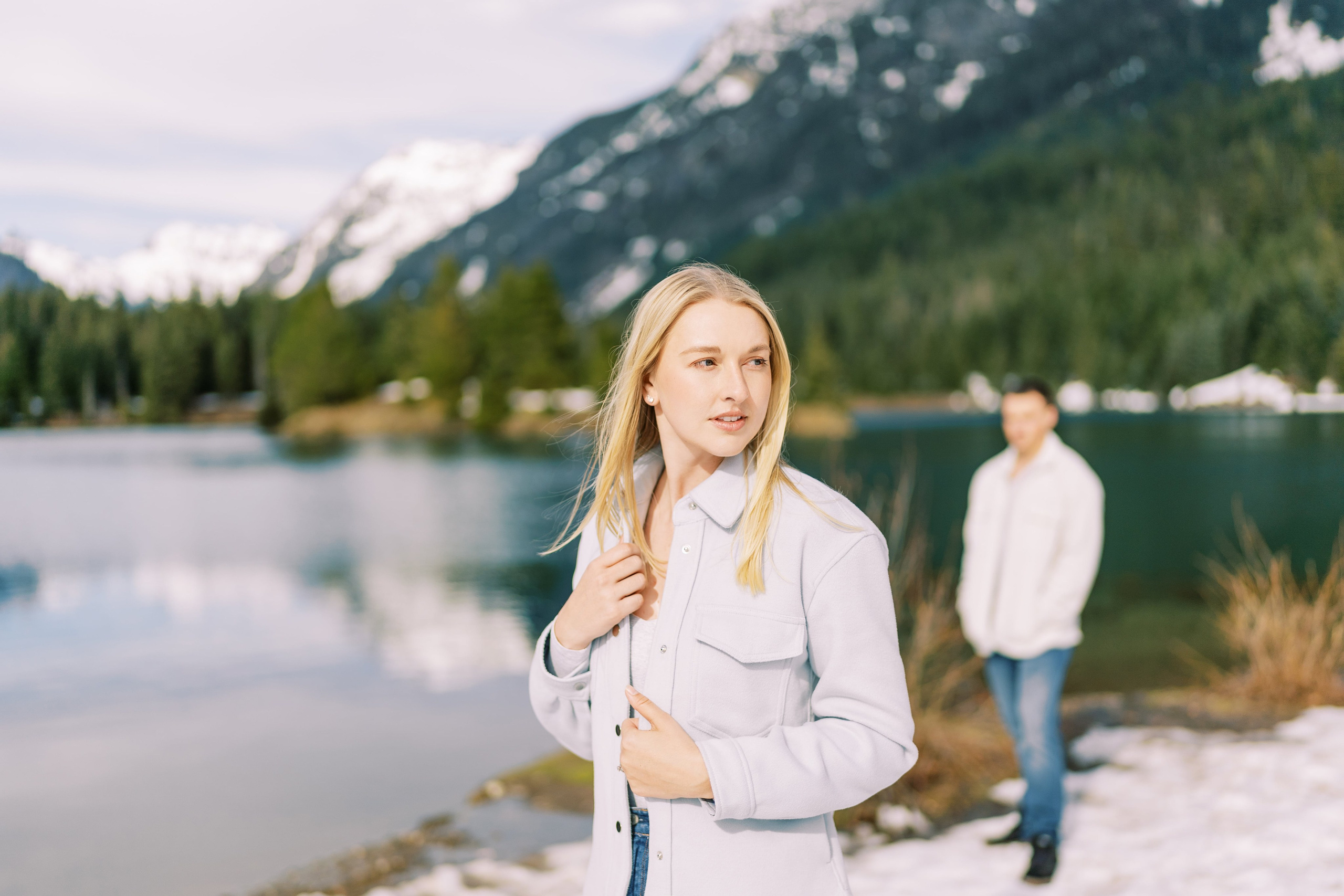 Engagement photo shoot Caitlyn & Riley / April 2024. Gold Creek Pond, WA. EVAN ARISTOV WEDDING PHOTOGRAPHY — Seattle Wedding Photographer