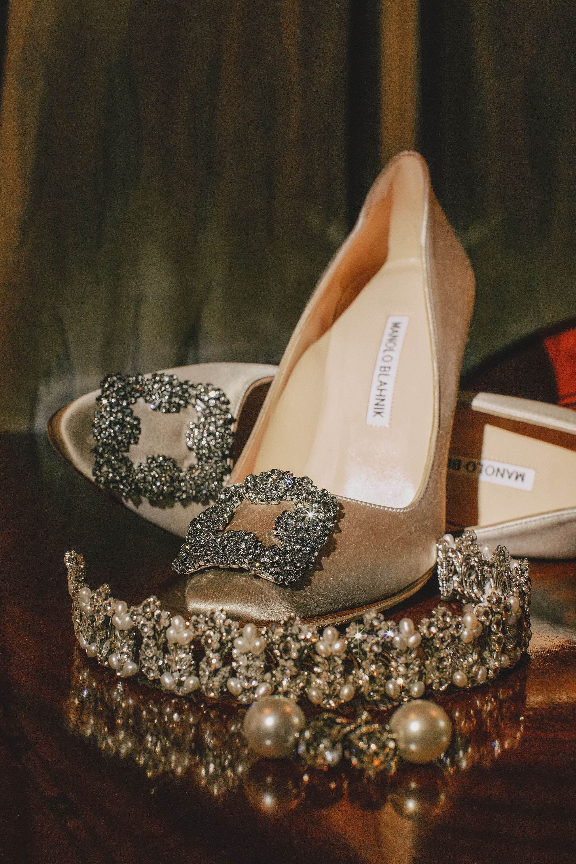 A pair of Manolo Blahnik shoes and the bride's tiara.