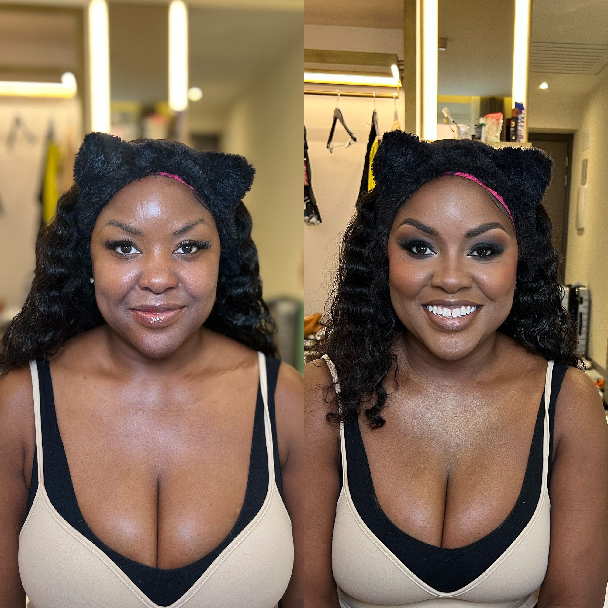 Before and after glamorous evening makeup in Rome. Bare face to dramatic smokey eye on a dark skin.