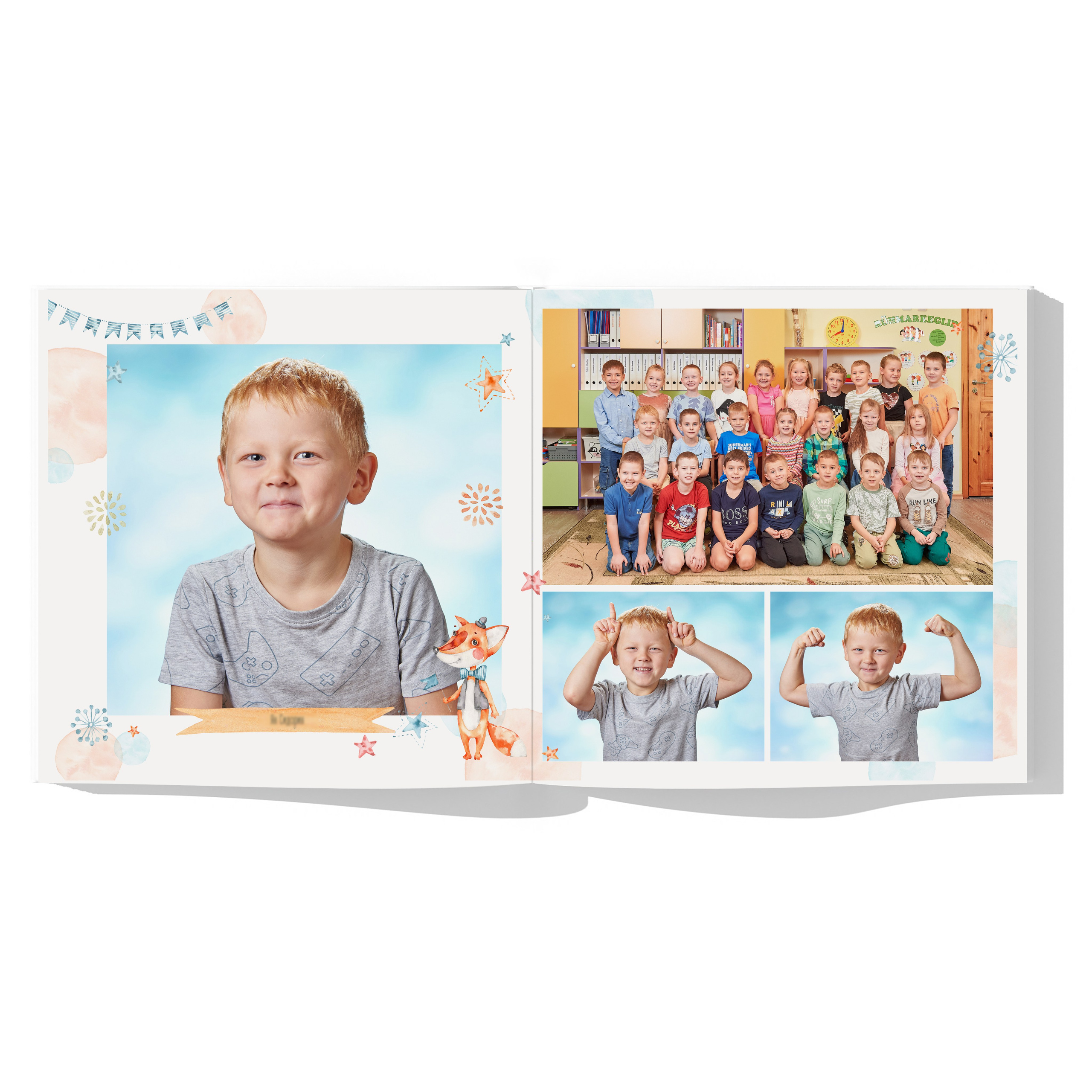 Разворот с веселыми фотографиями ребенка на студийном фоне и общая фотография группы