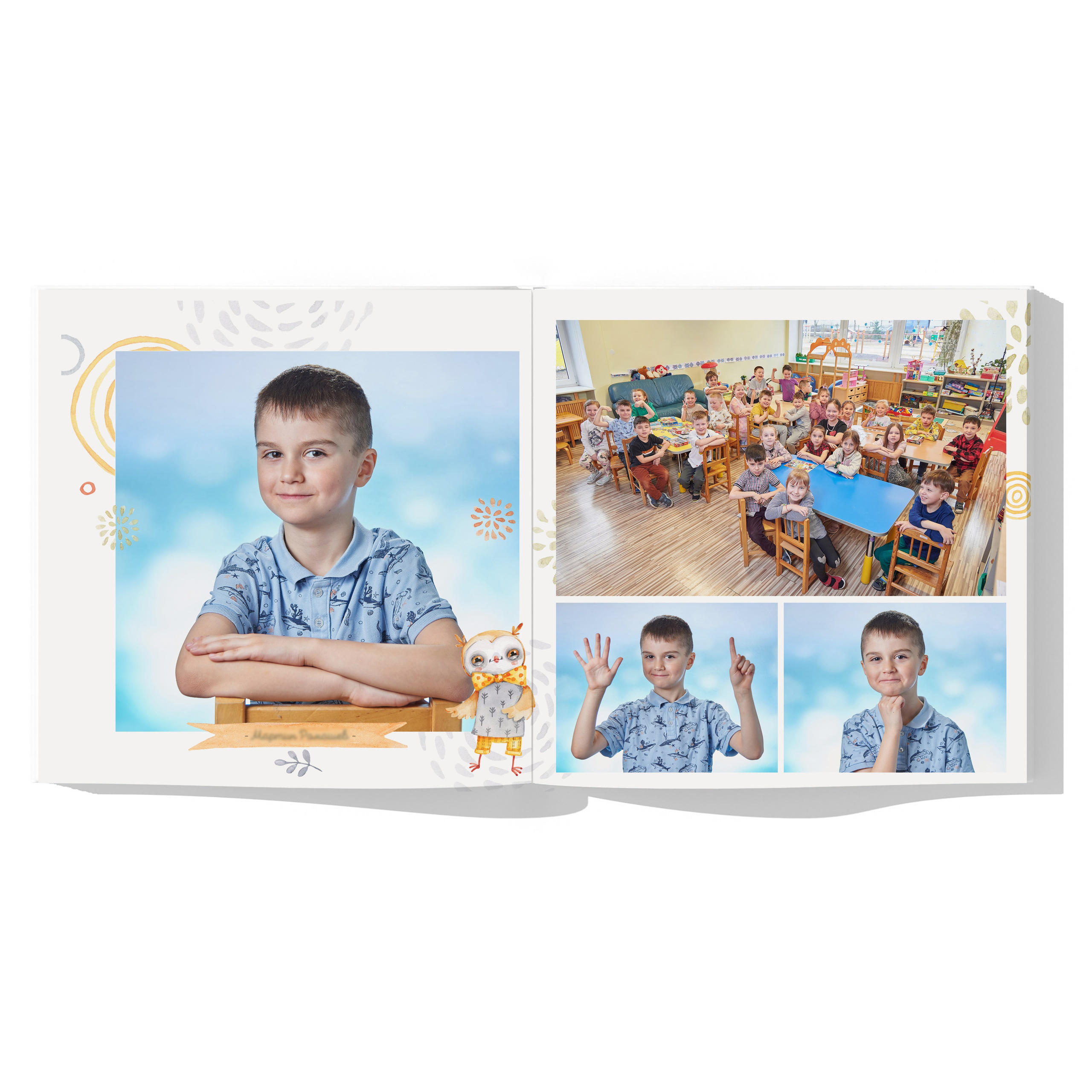 Разворот с веселыми портретами ребенка, общая фотография группы