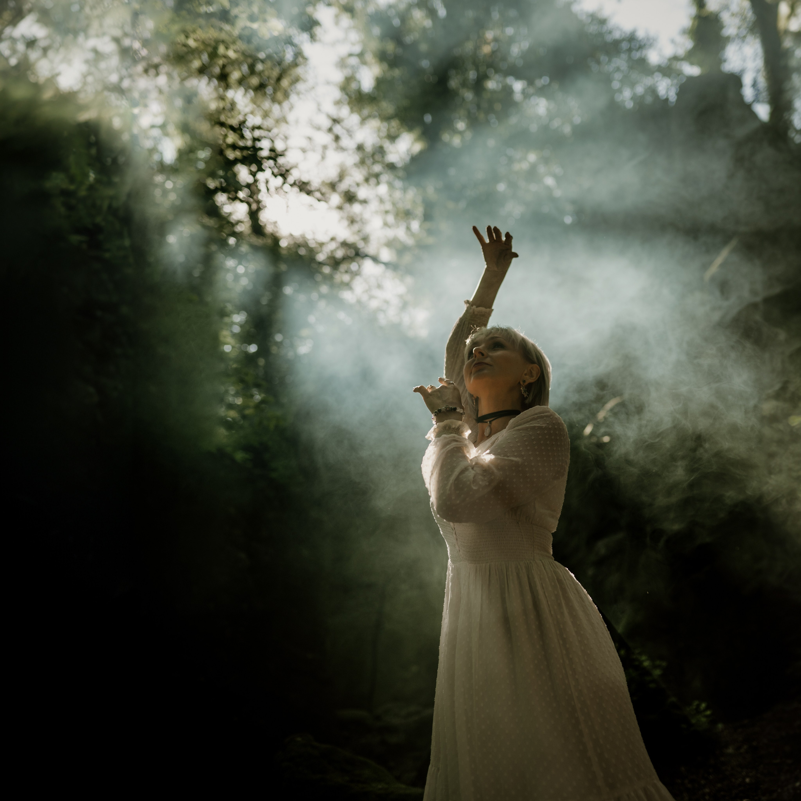 Traumhaftes Frauenporträt in der Natur mit strahlendem Lichtspiel durch die Bäume