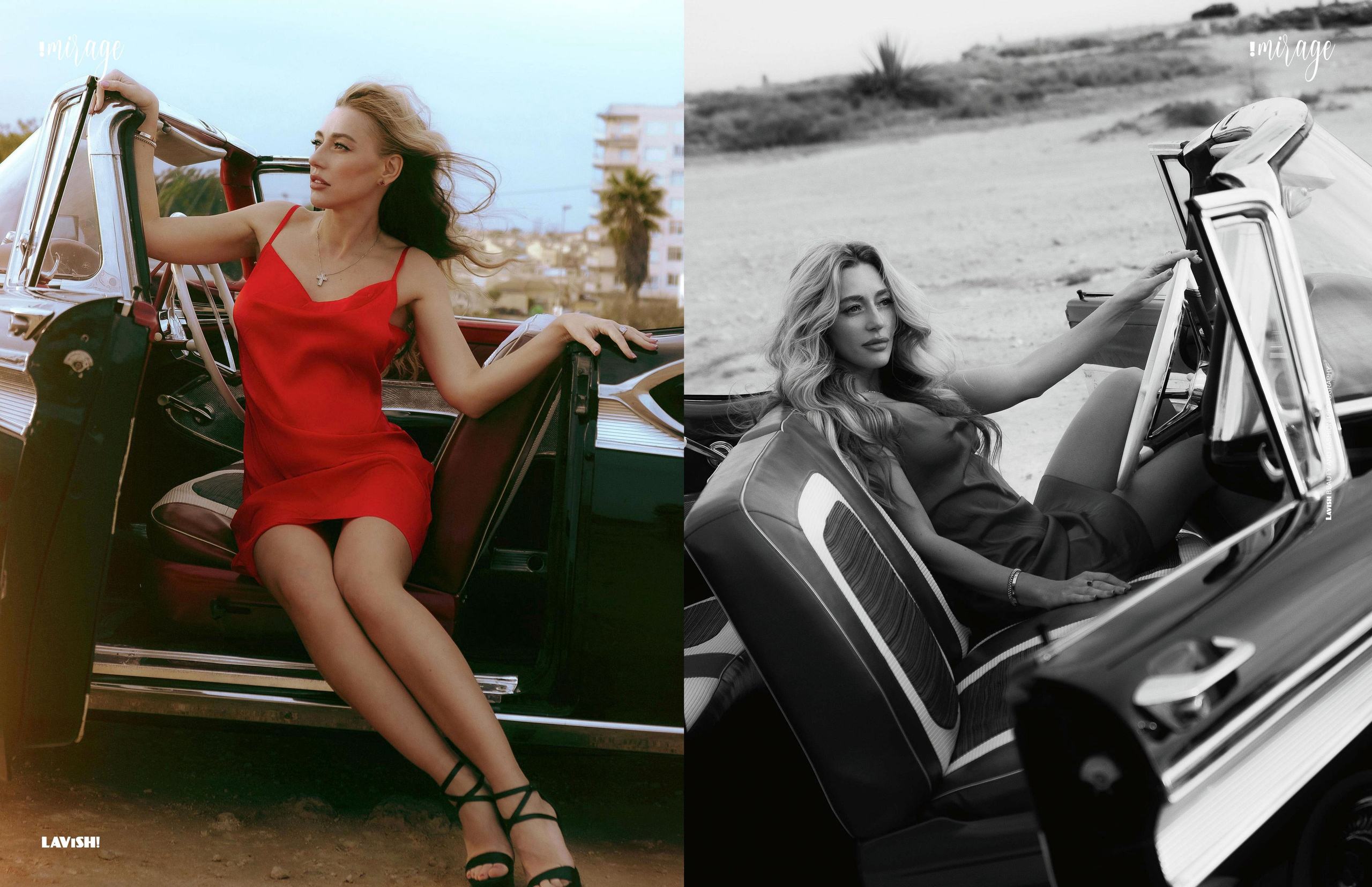 Элегантная съемка у моря с ретро автомобилем в Торревьехе, Аликанте