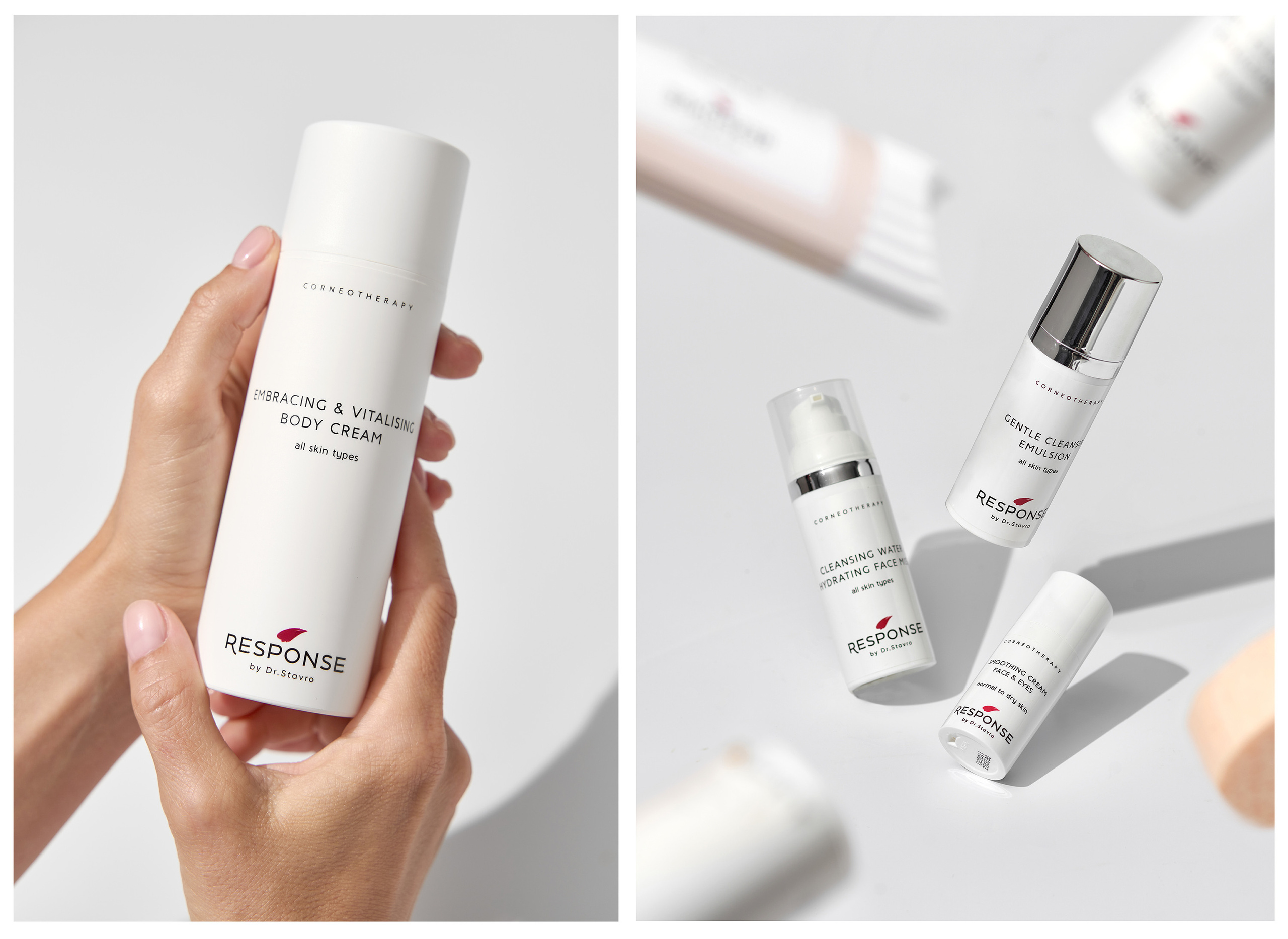 Reklāmas fotogrāfija ar kosmētiku un gaišo neitrālo fonu