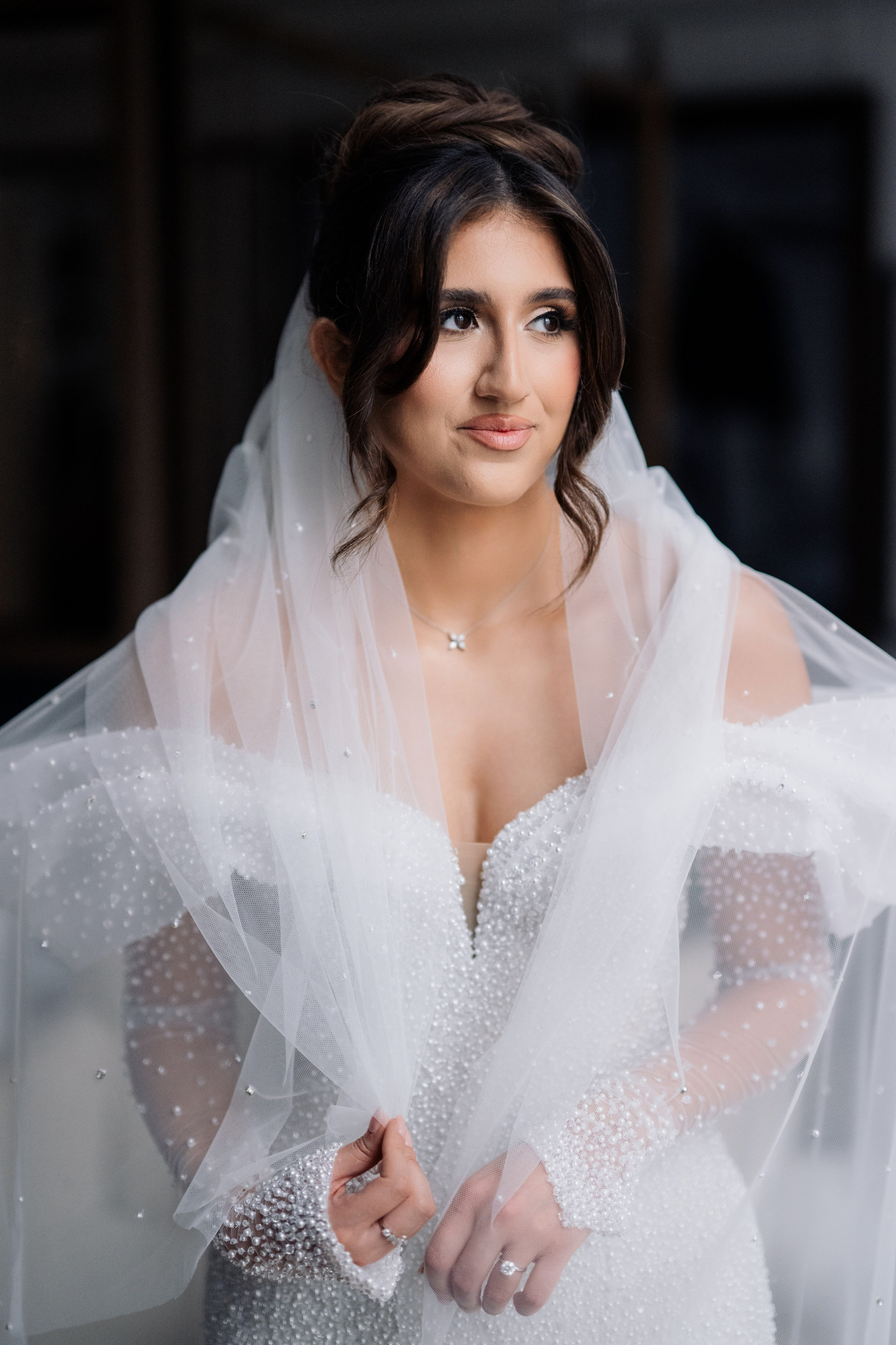 a bride in a white wedding dress and veil