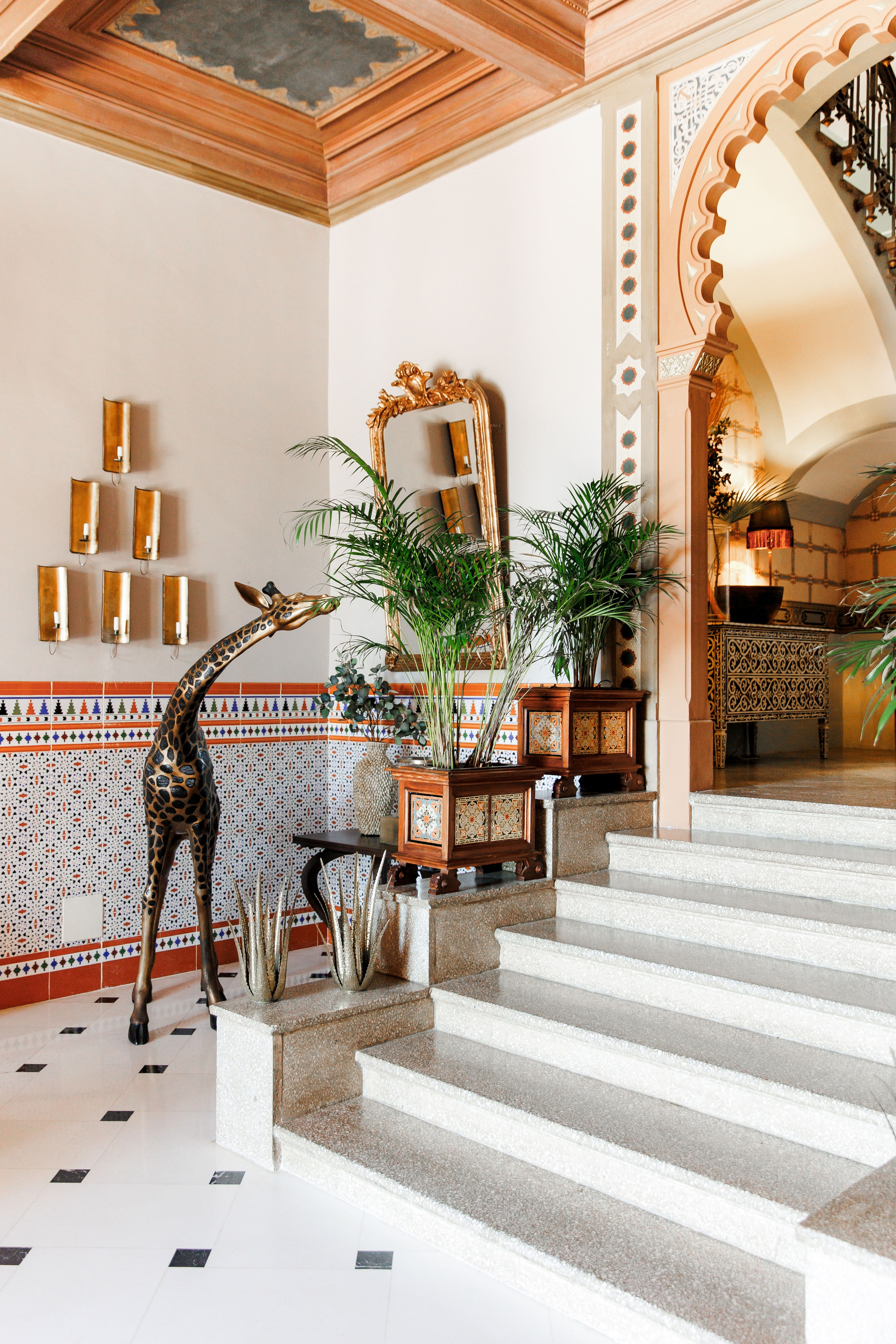 Decorated staircase in a Moroccan style of Gran Villa Rosa, a destination wedding venue in Spain