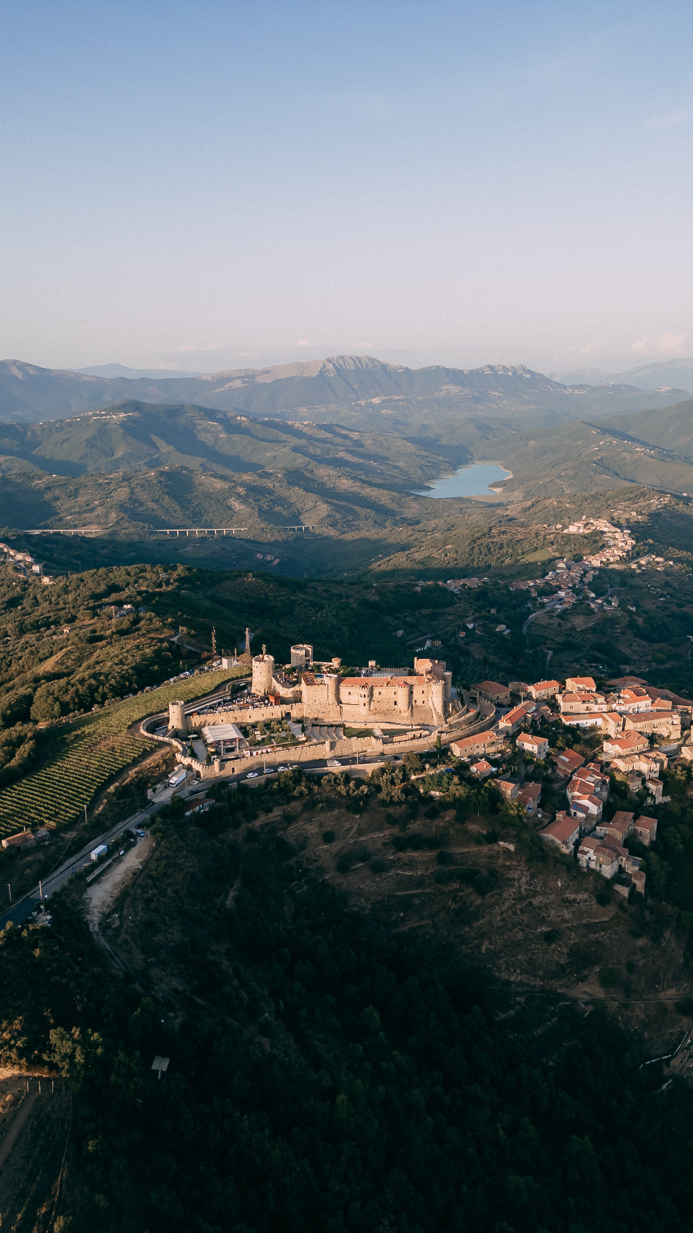 Aerial view of the hilltop village and castle of Rocca Cilento above the Amalfi Coast, Italy