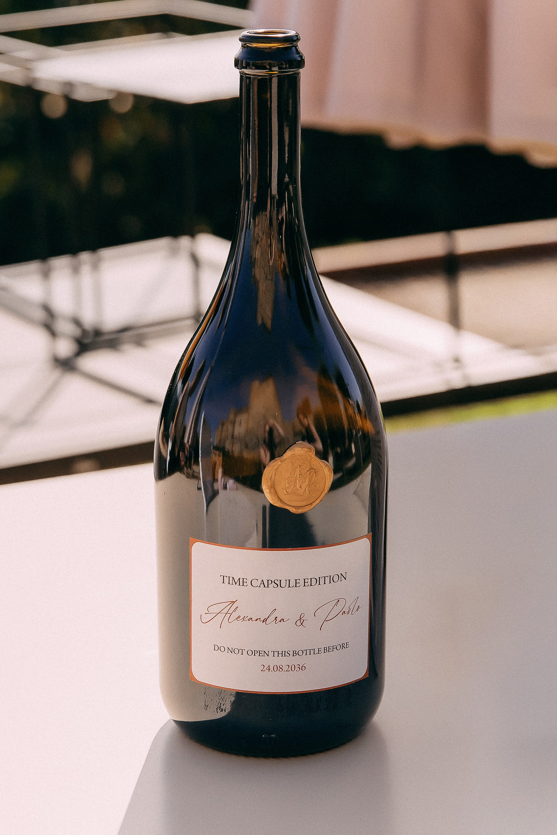 Personalised magnum wine bottle with the couple's own wedding label