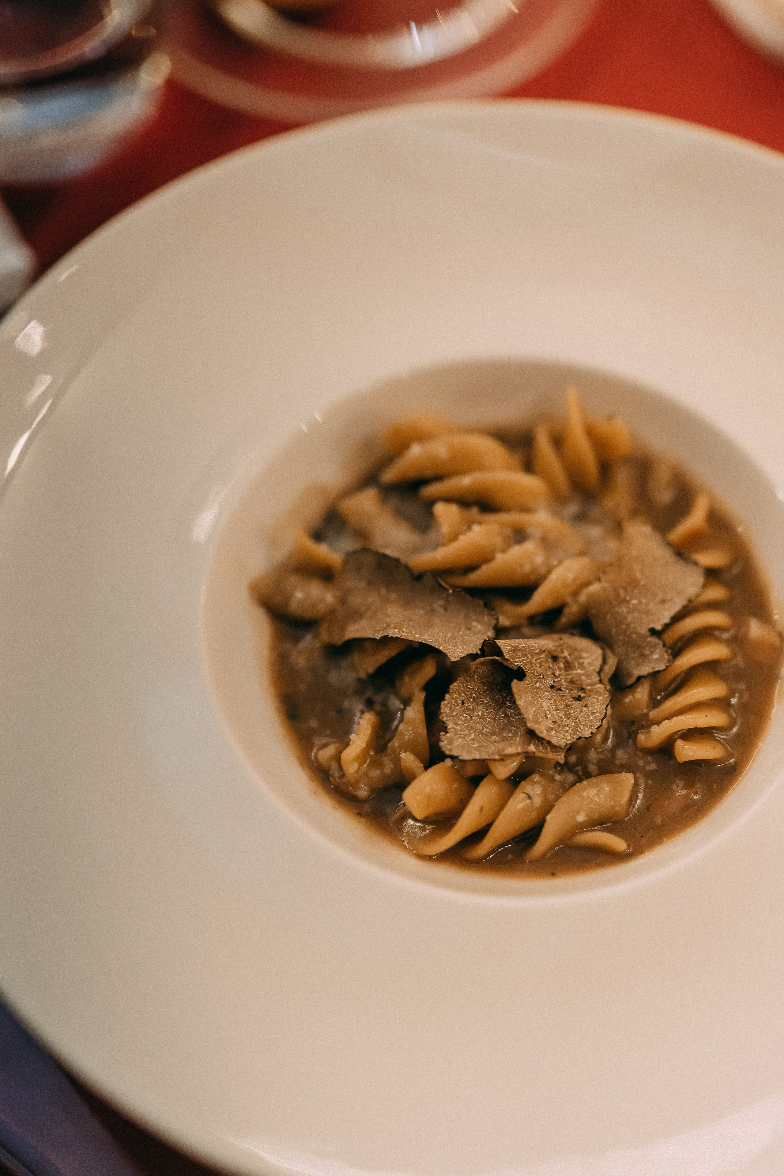Close-up of a pasta dish with truffle served at the wedding dinner