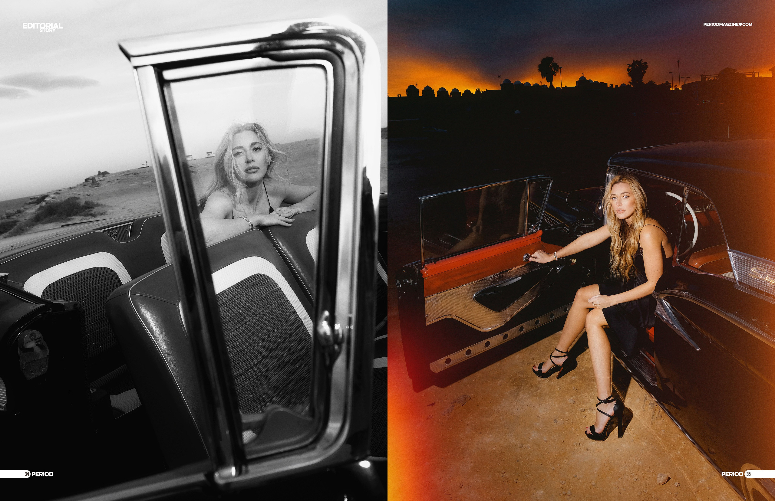 Элегантная съемка у моря с ретро автомобилем в Торревьехе, Аликанте