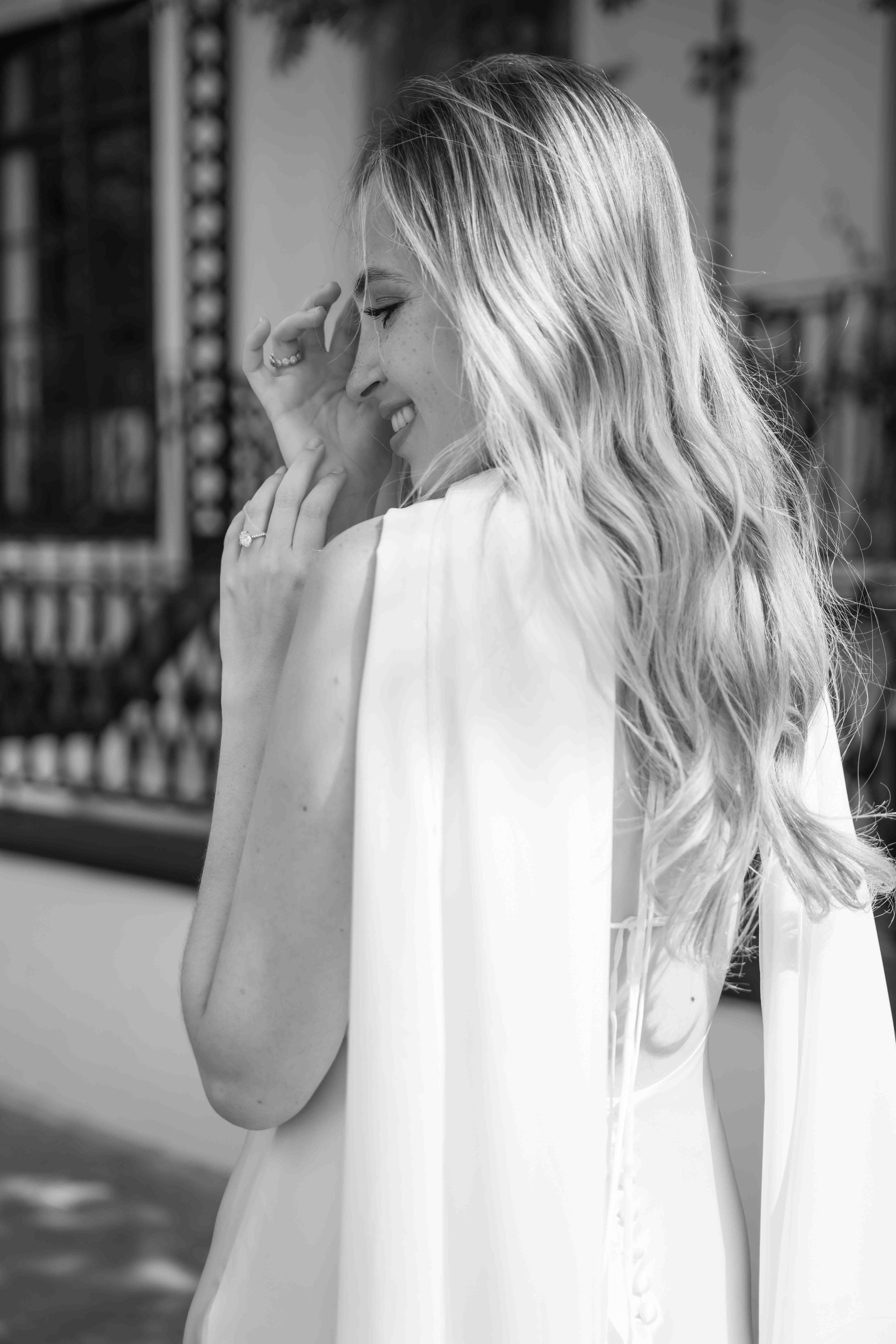 Close-up portrait of a smiling woman during London engagement photoshoot