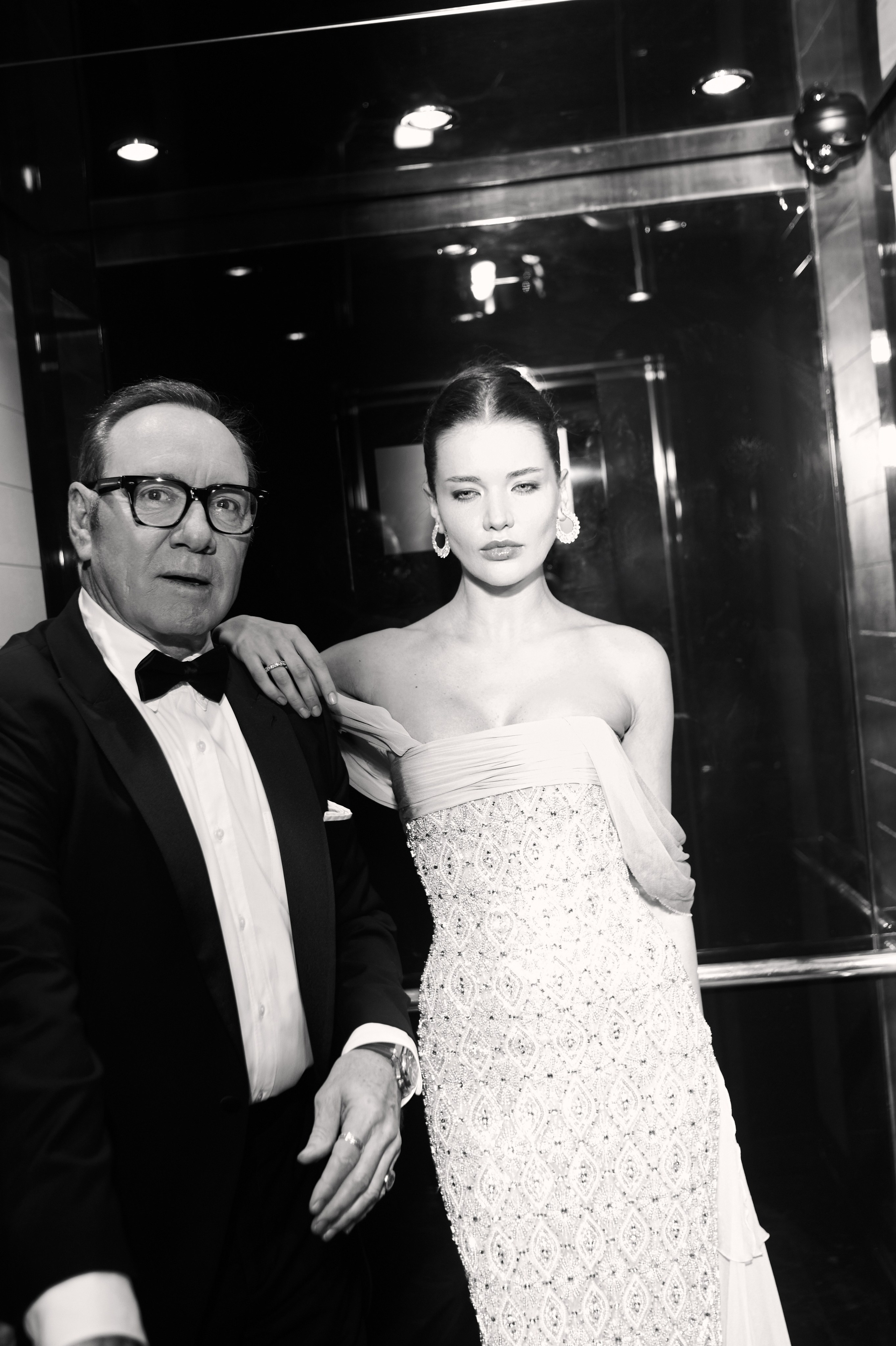 Kevin Spacey black and white portrait hotel interior Cannes Film Festival 2026