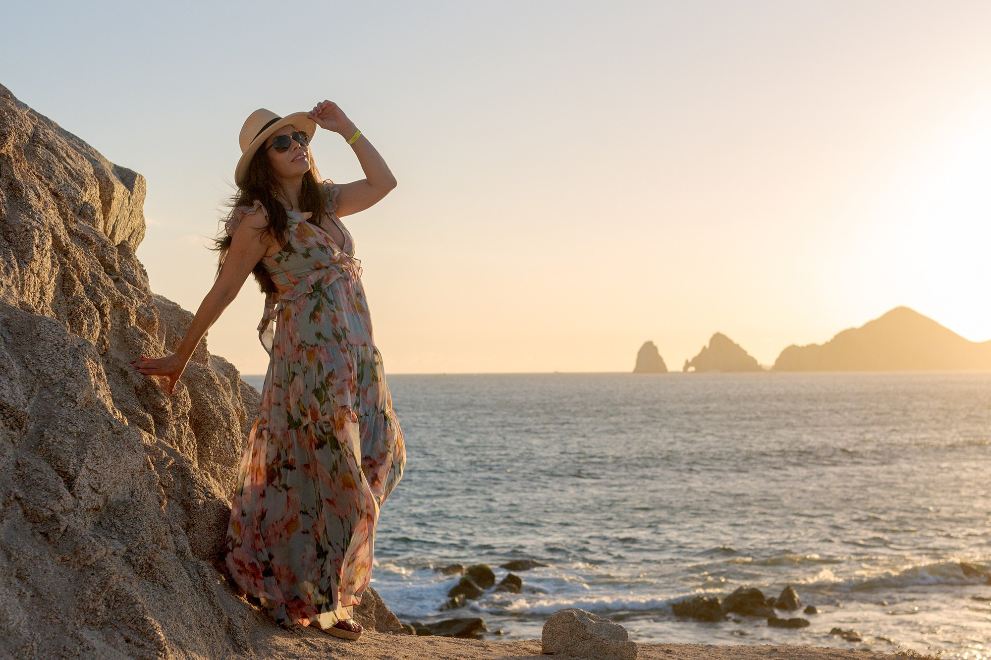 Birthday portrait session on beach at sunset near Land's End, Cabo San Lucas, Los Cabos