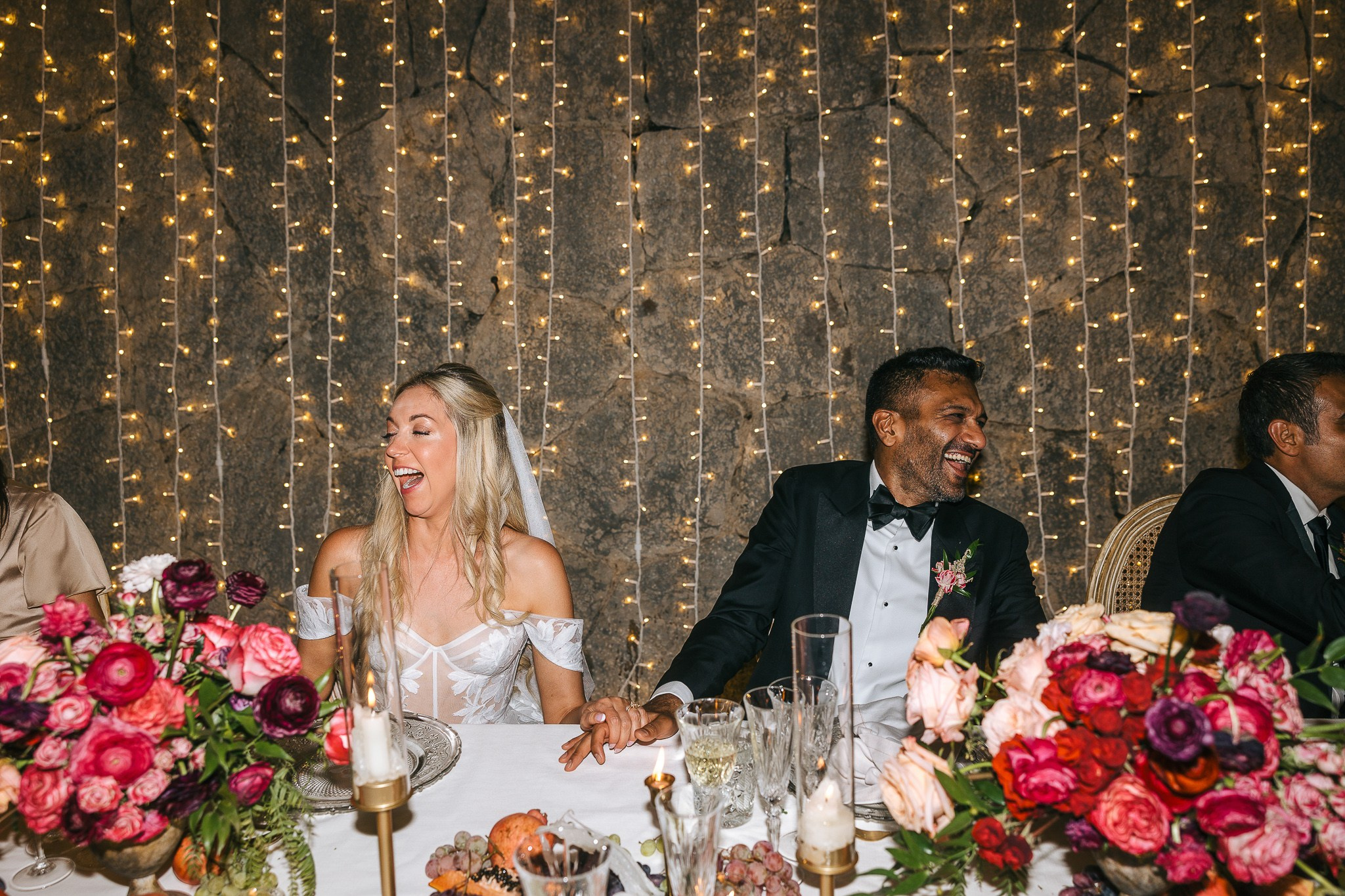 American couple celebrating with guests Son Marroig reception