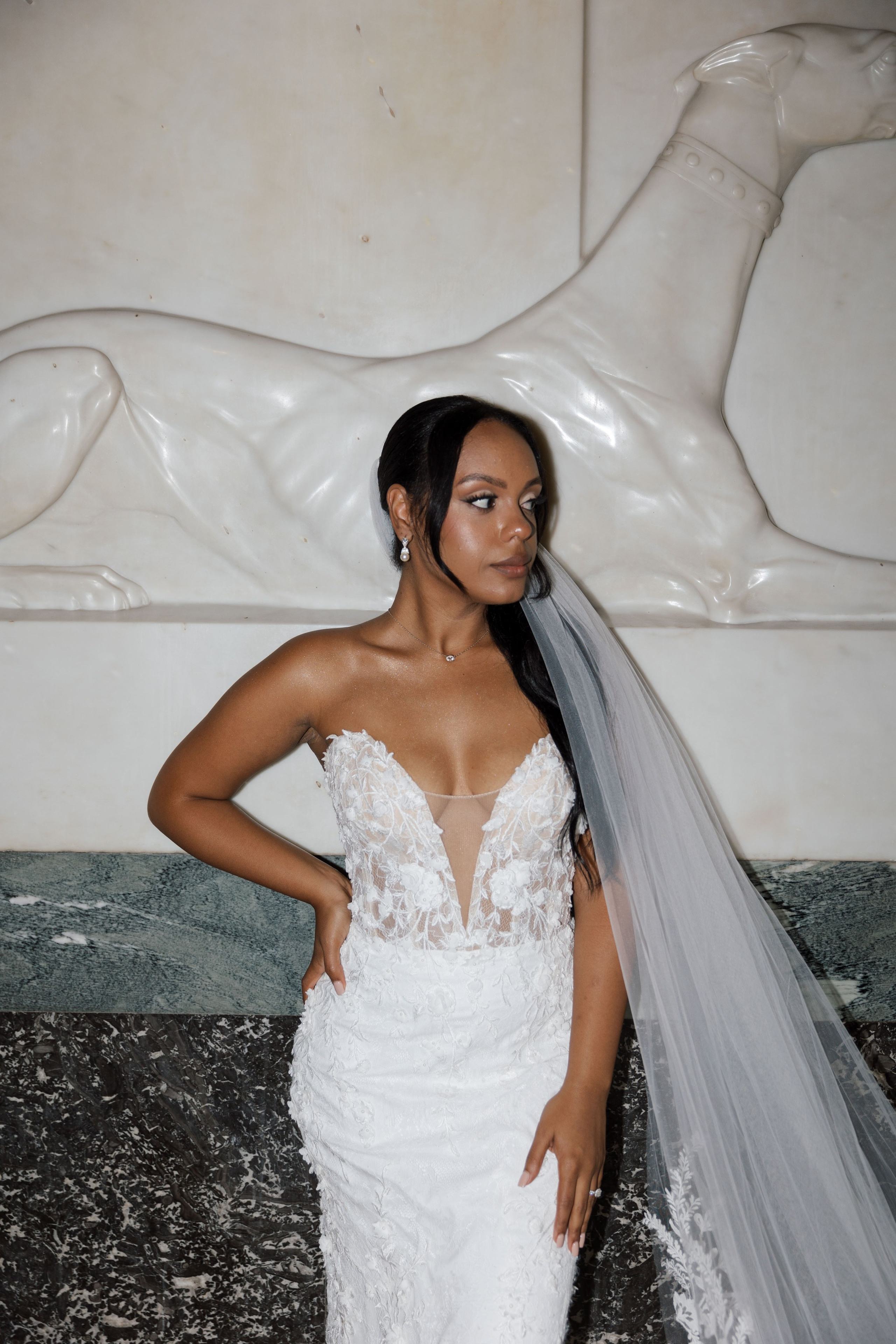 Elegant soft glam bridal makeup with subtle highlights.