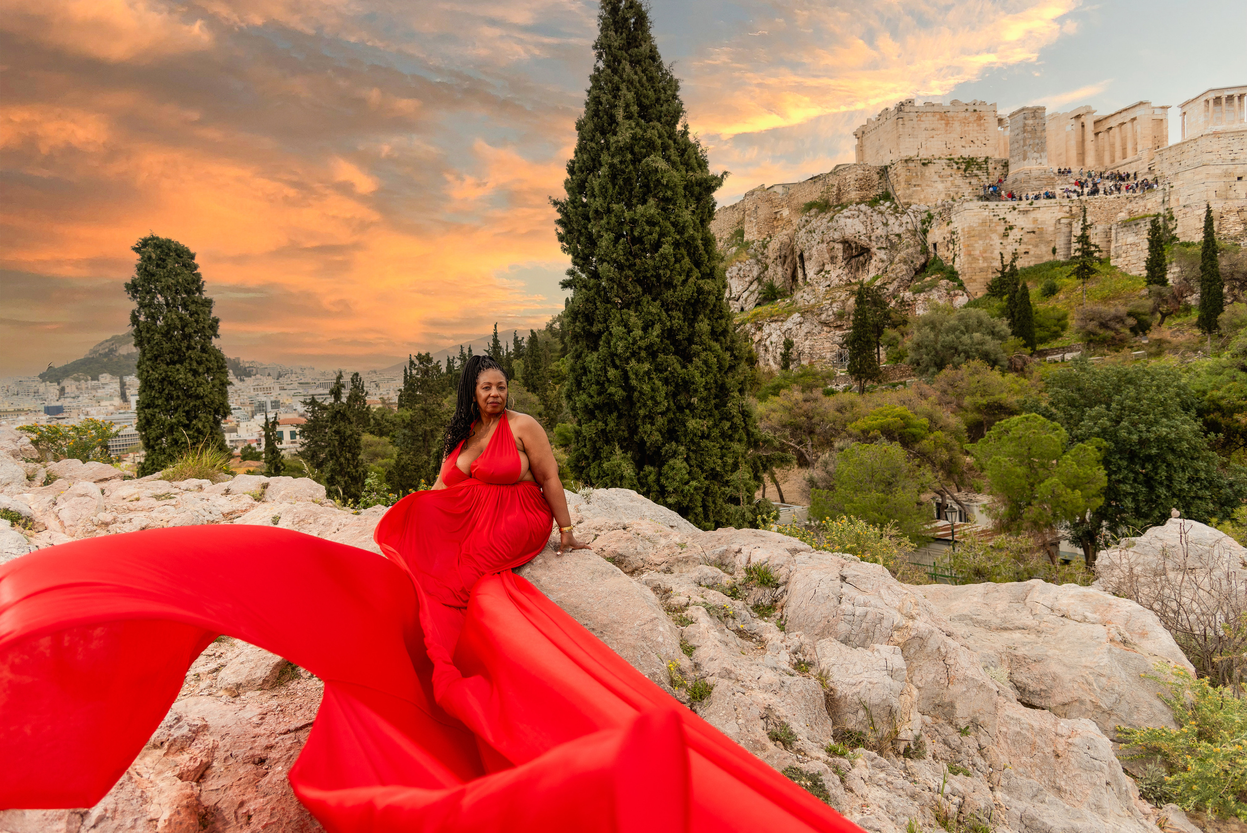 Girl in the background of the pantheon in a red flying dress