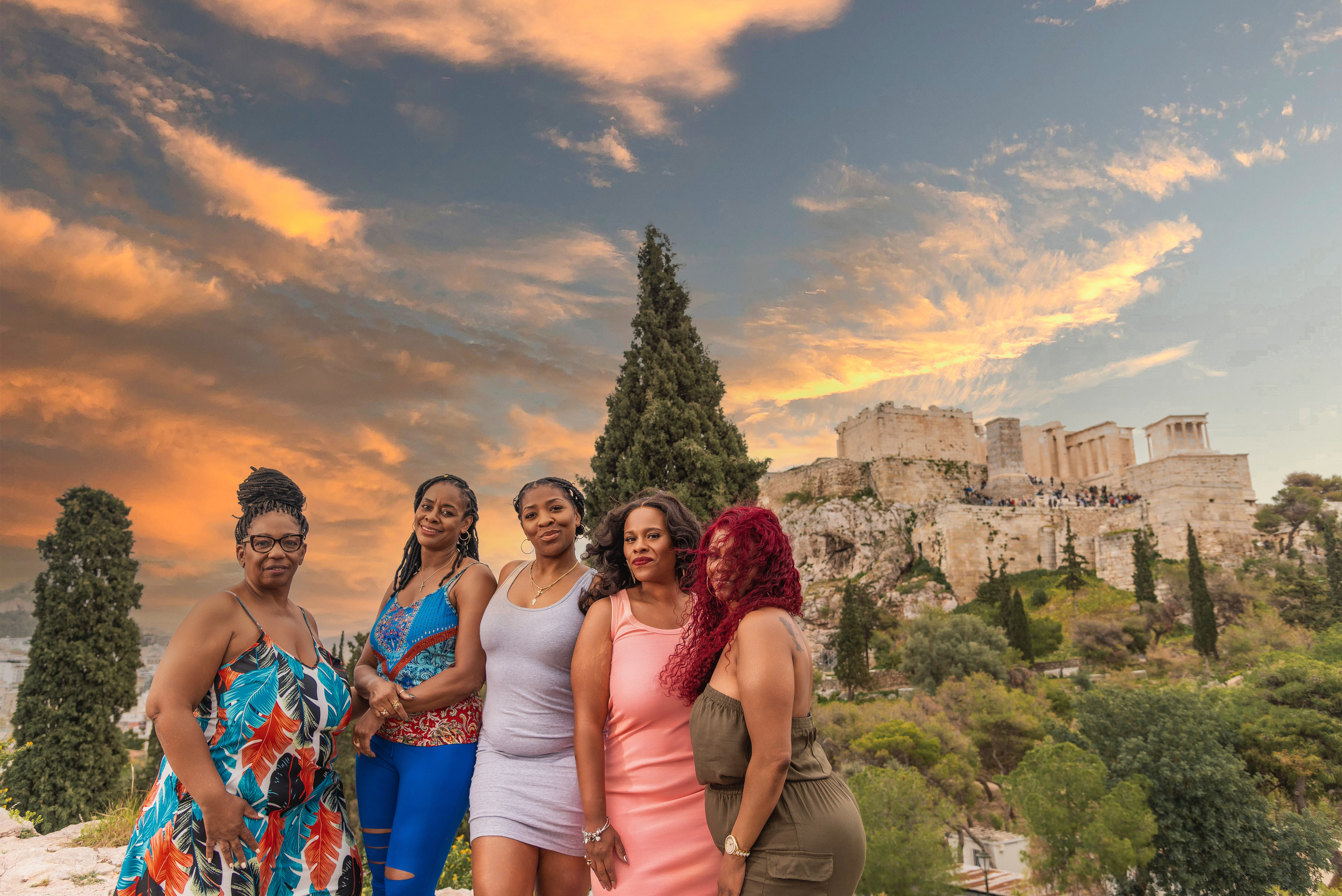 Company of Girls in front of the pantheon in a red flying dress
