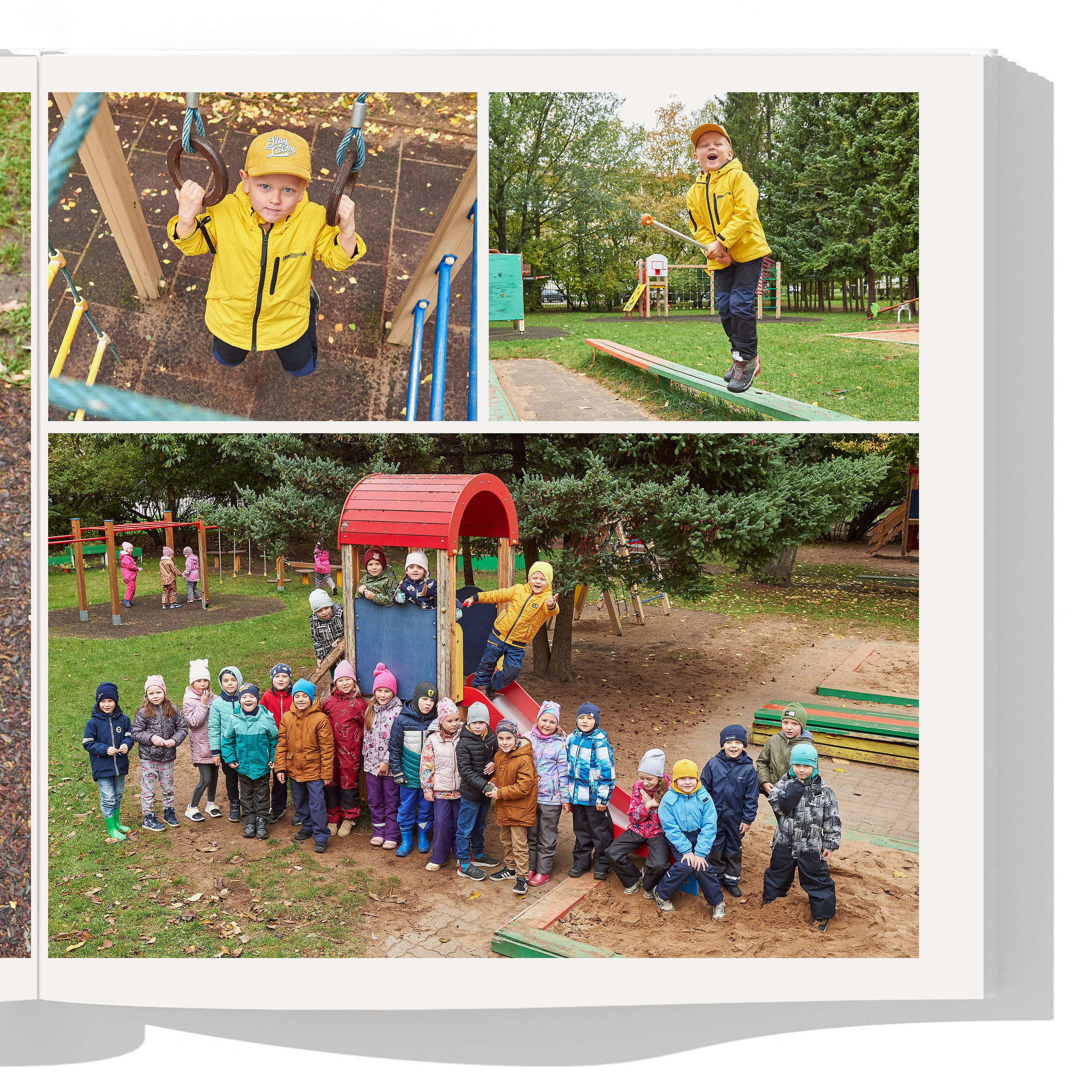 Разворот с фотографиями ребенка в уличной активности и подвижности. Фото с друзьями на детской площадке.