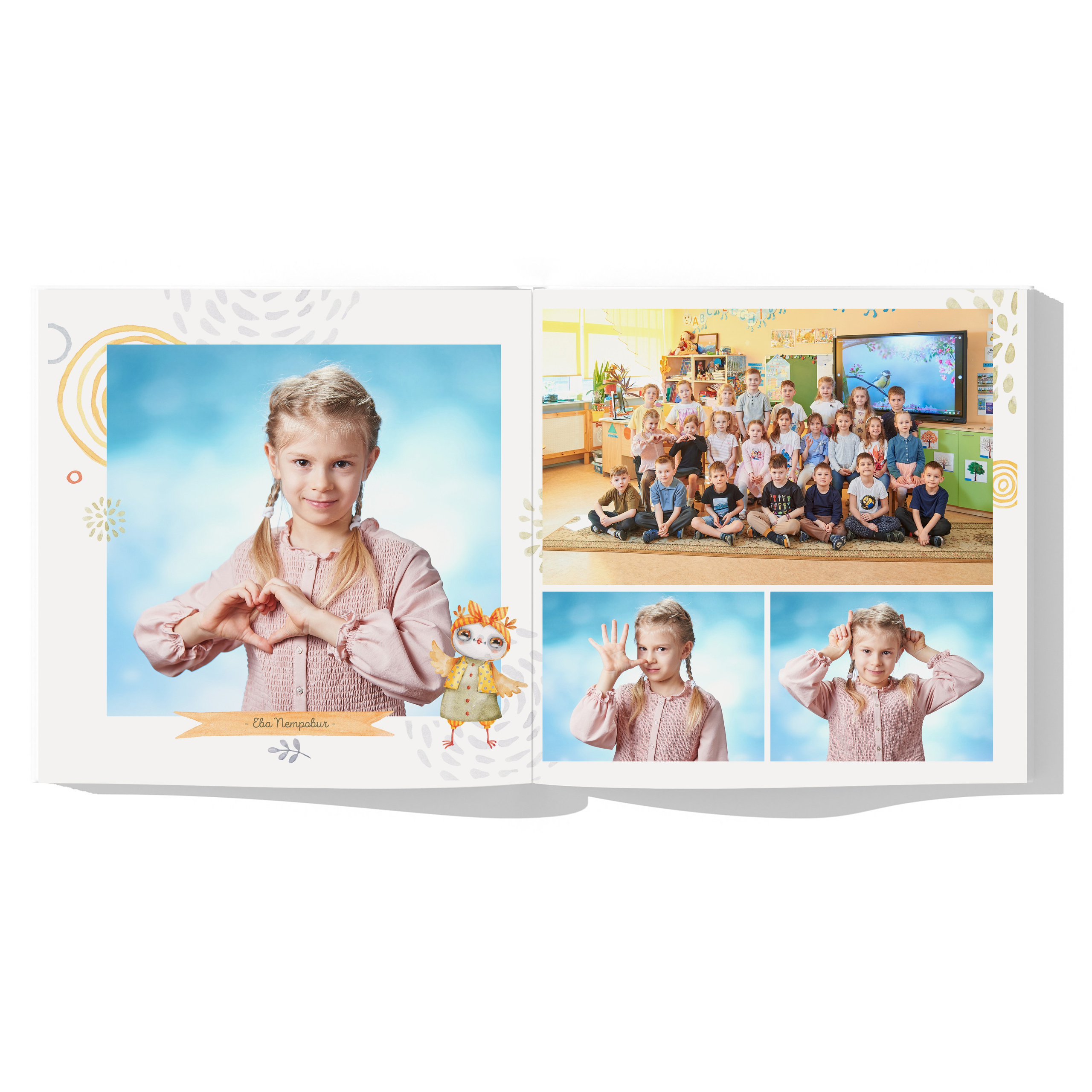 Разворот с веселыми портретами ребенка, общая фотография группы