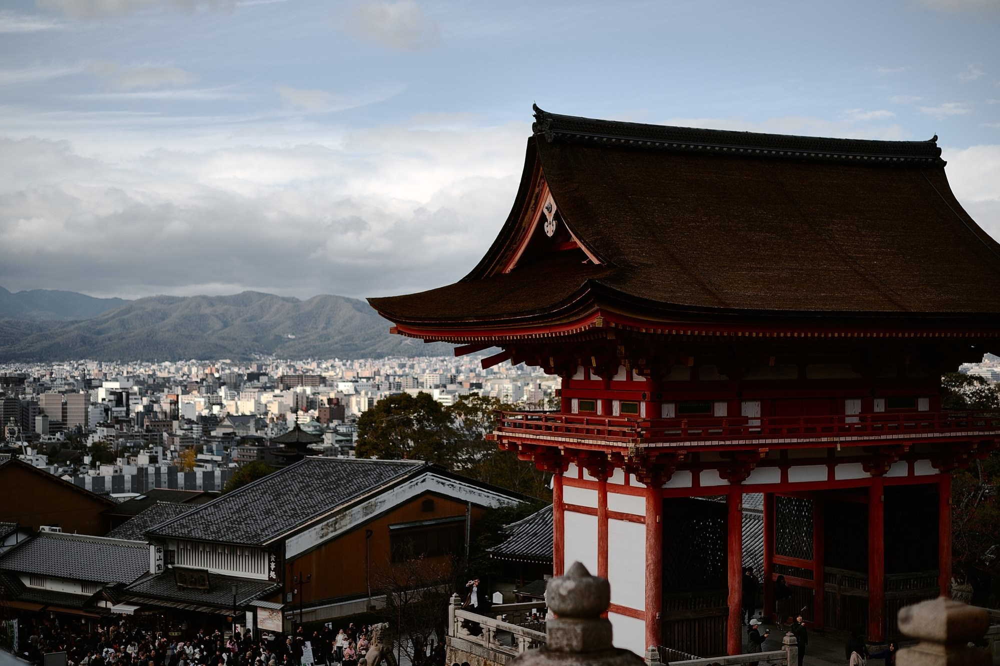 Kiyomizu-dera temple wooden stage panoramic view Kyoto Japan