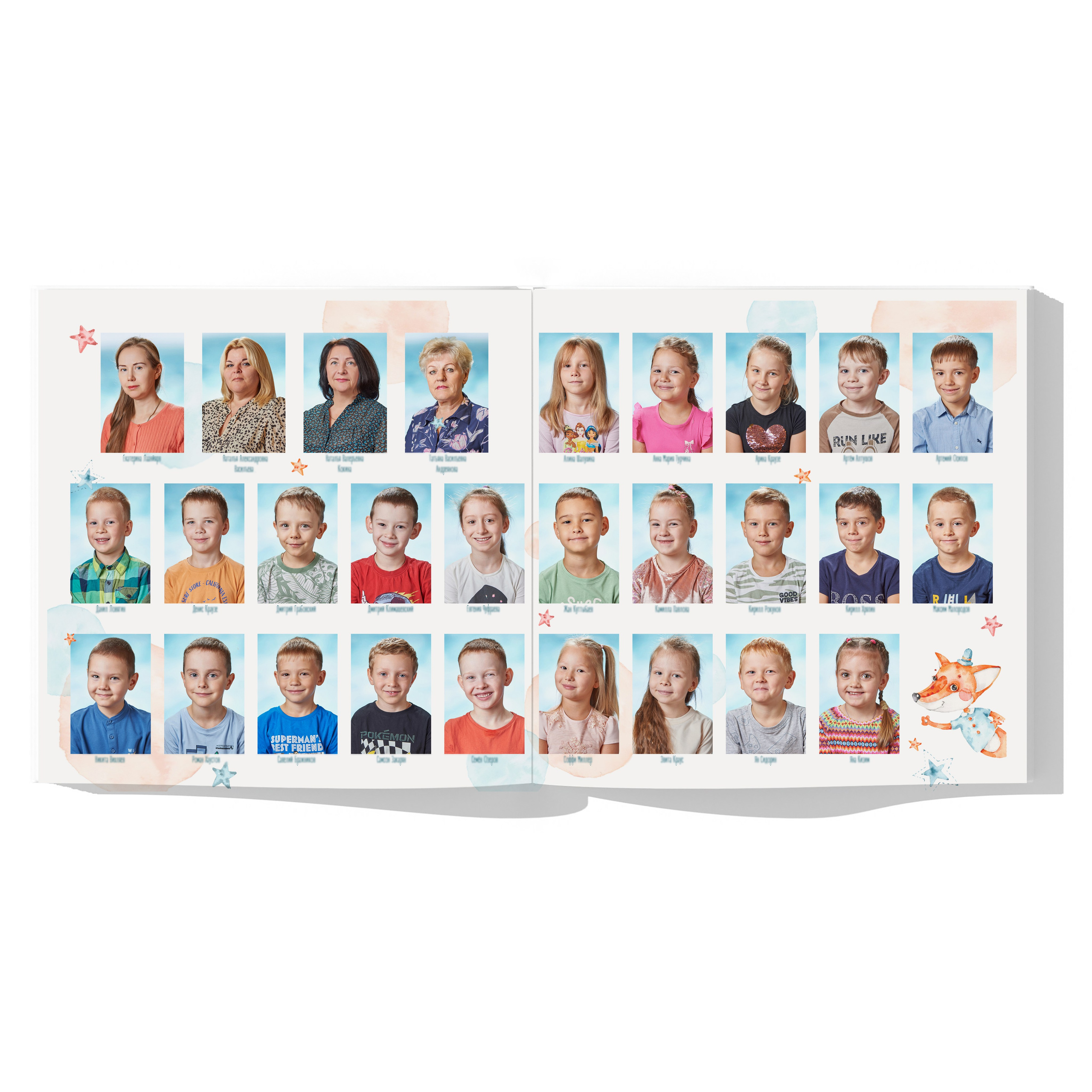 Разворот с портретами и именами всех детей и воспитателей