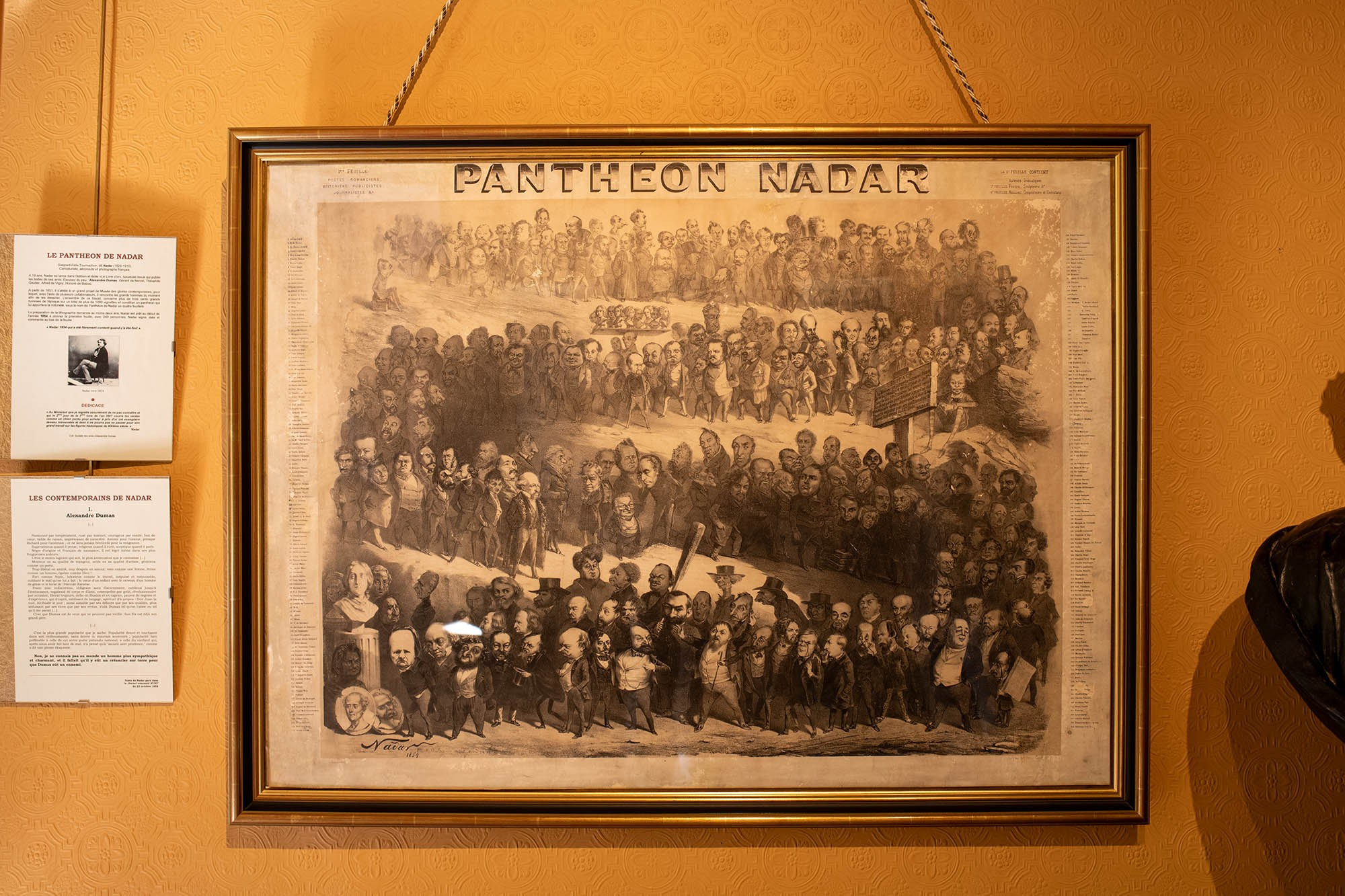 Historic Panthéon Nadar lithograph featuring Alexandre Dumas and prominent 19th-century French cultural figures at the Château de Monte-Cristo museum