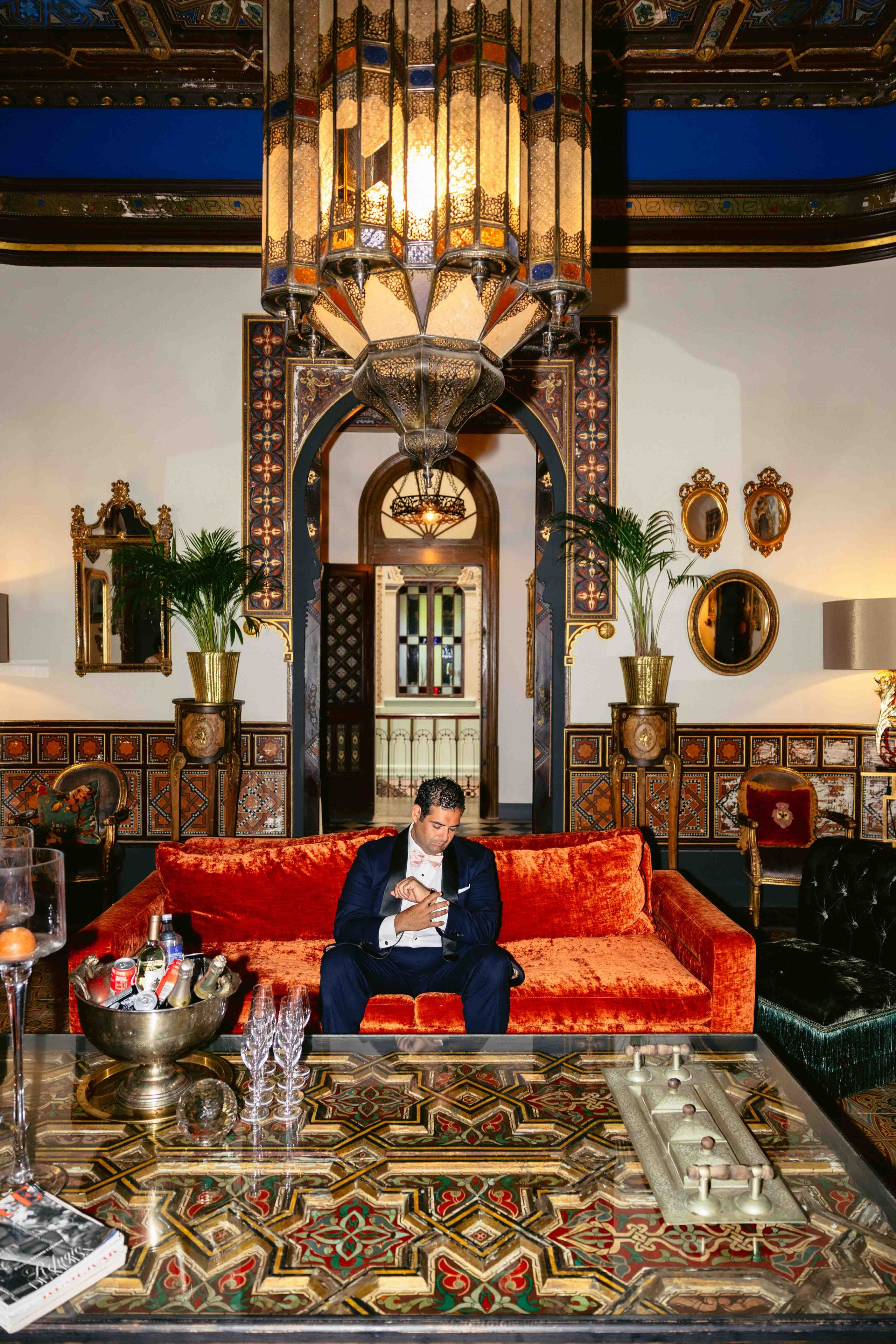 Groom Getting Ready in Gran Villa Rosa Barcelona Wedding Venue