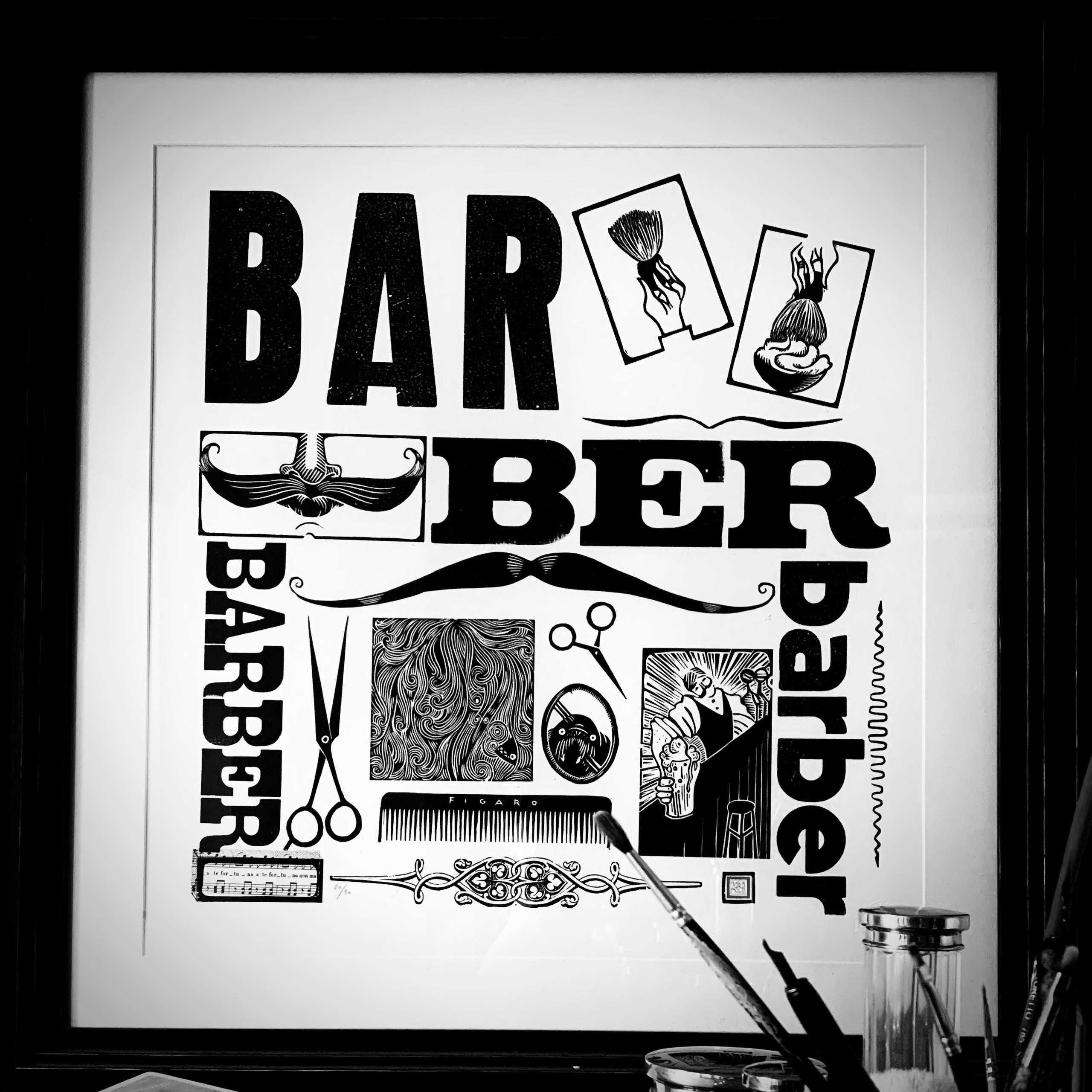 Barber print linocut printmaker antique printmaker barber print sous-sol editions limitededition artprint barberprint barber Rossini Figaro art print framed