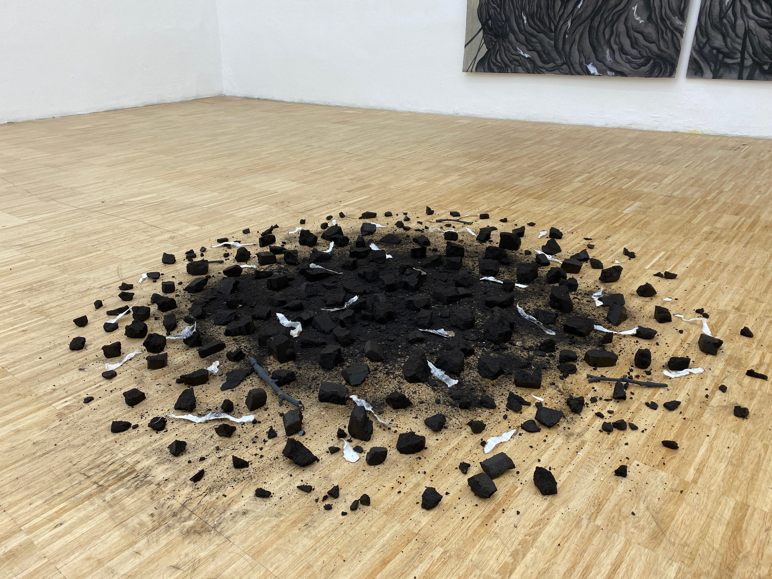 Encre de bois, fusain sur tissu