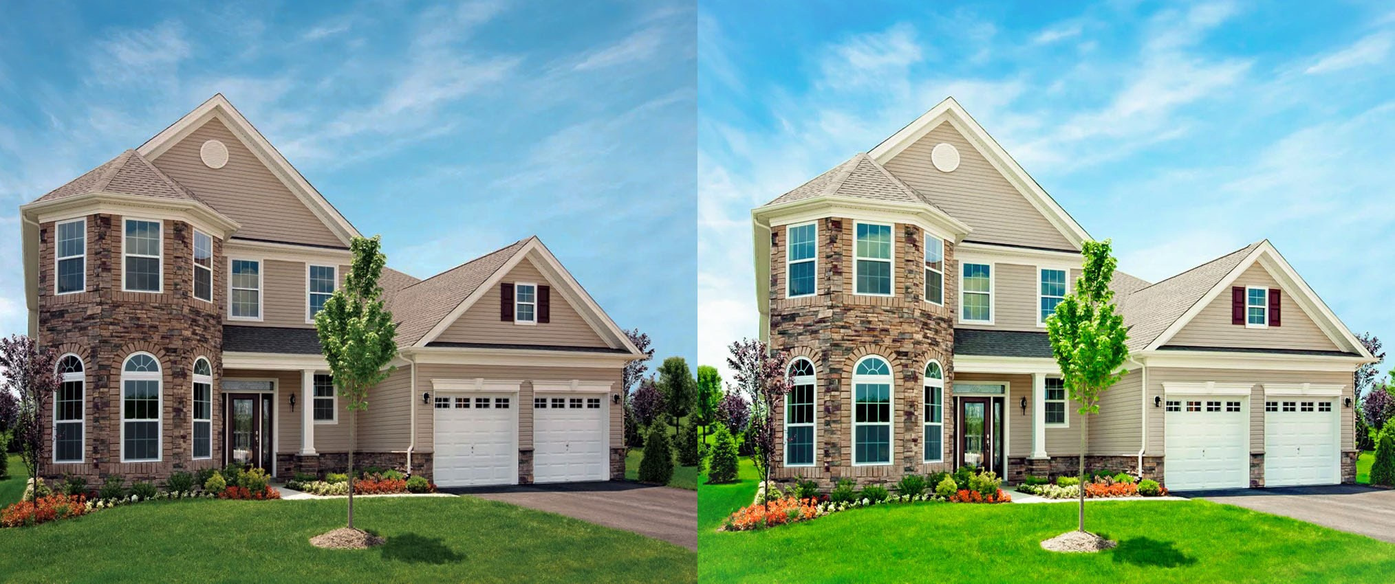 Exterior real estate photo editing with realistic sky replacement and architectural enhancement.
