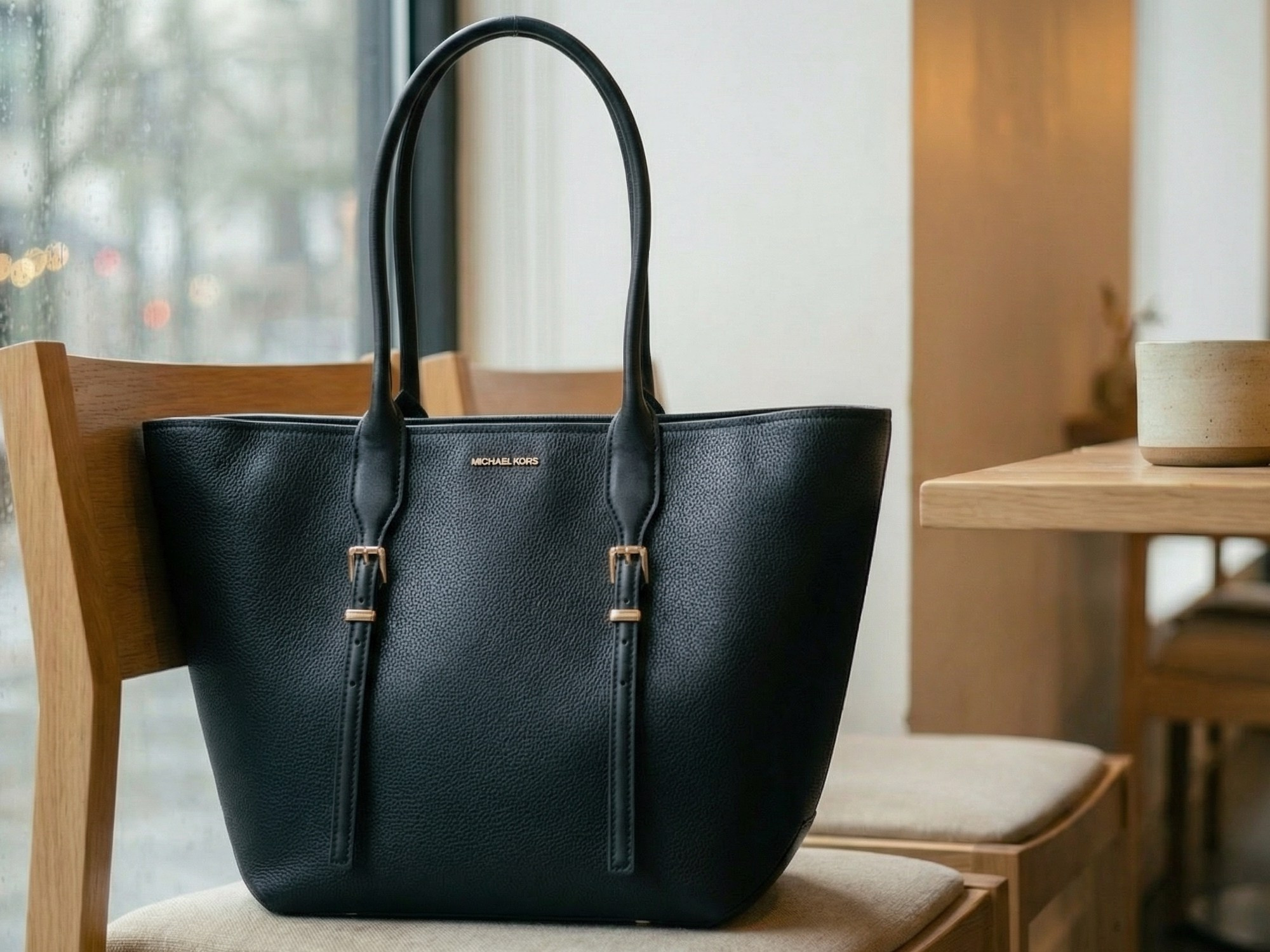 AI lifestyle visualization black tote bag bright café minimalist interior photography