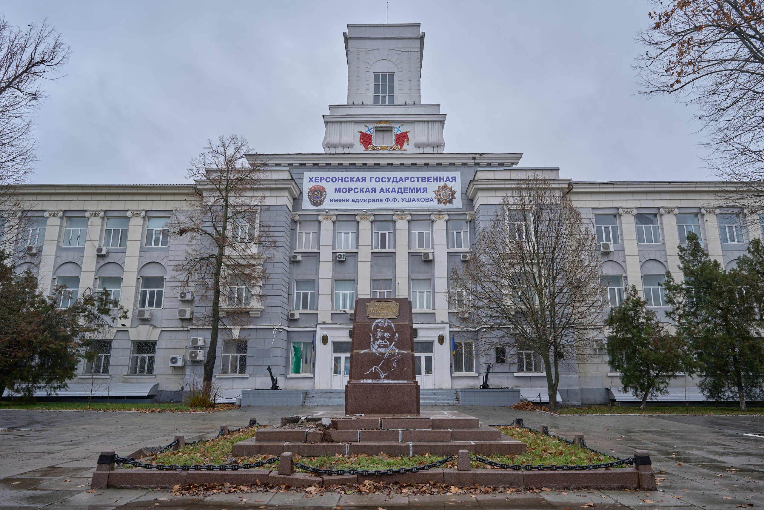 Empty pedestal of the monument to Ushakov (which was taken by Russian forces during their withdrawal from Kherson) in front of Kherson Maritime academy. Image of the General of Ukrainian Armed Forces Valerii Zaluzhnii is seen on he pedestal.