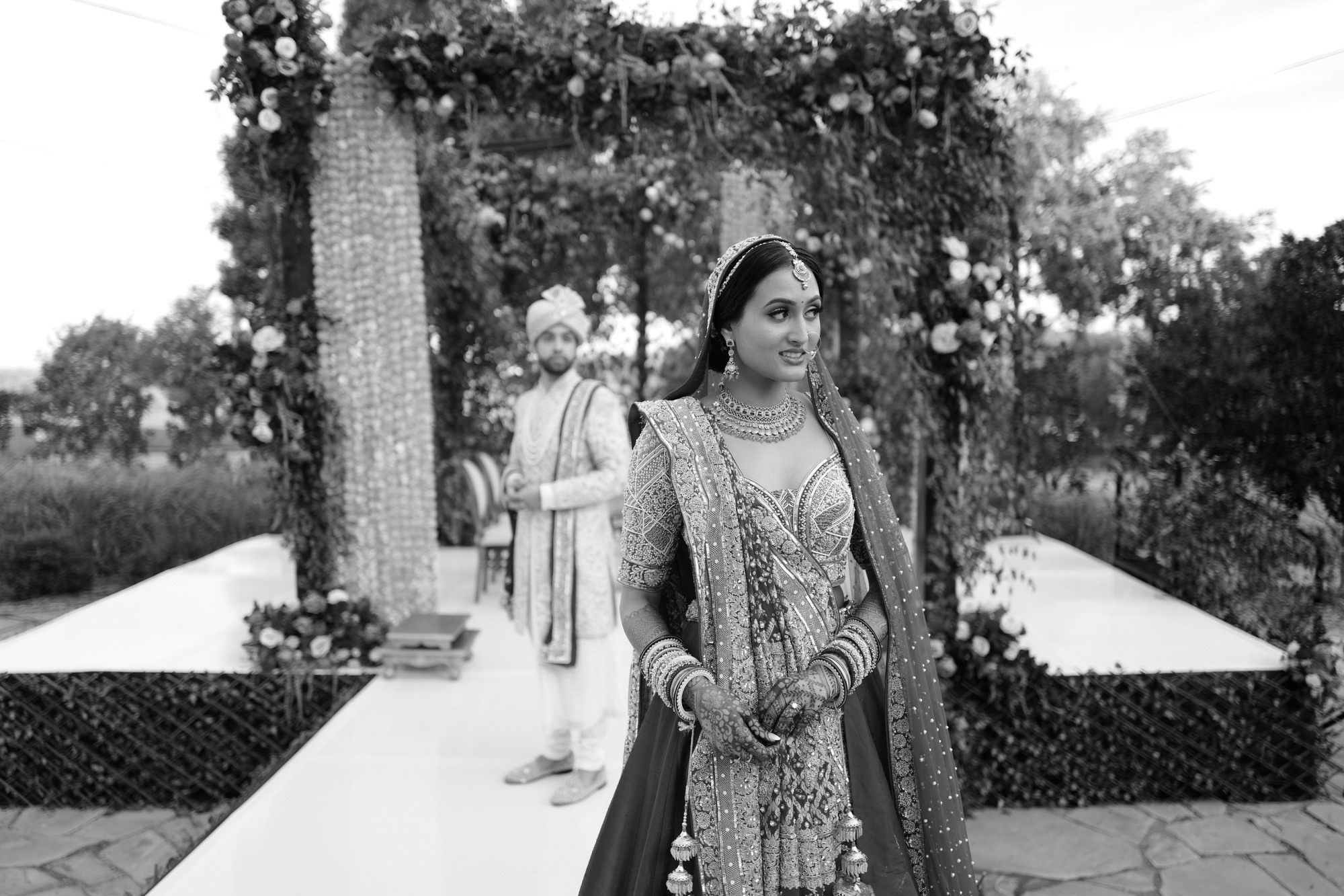 a bride in a black and white photo