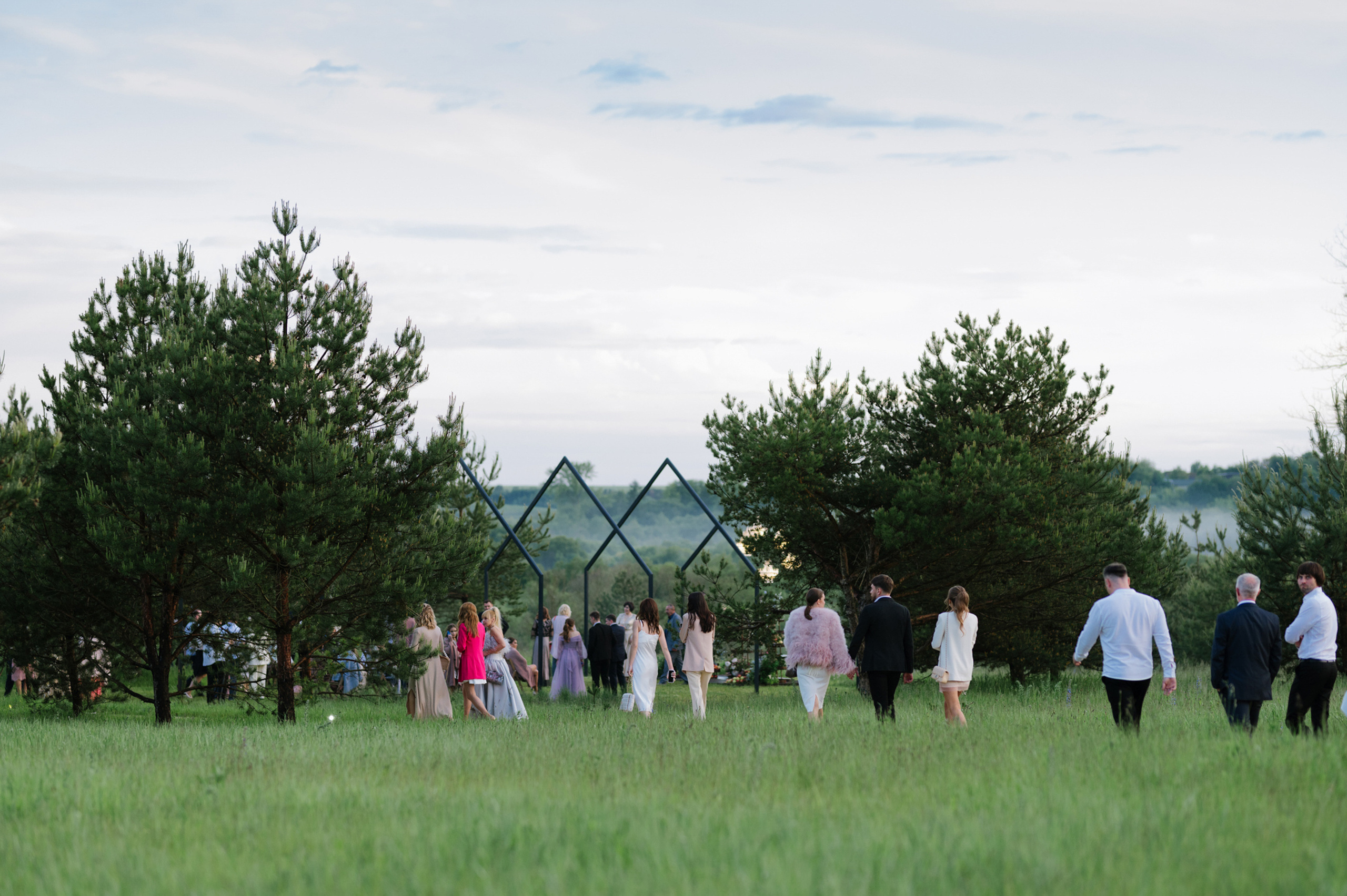 a group of people walking through a field