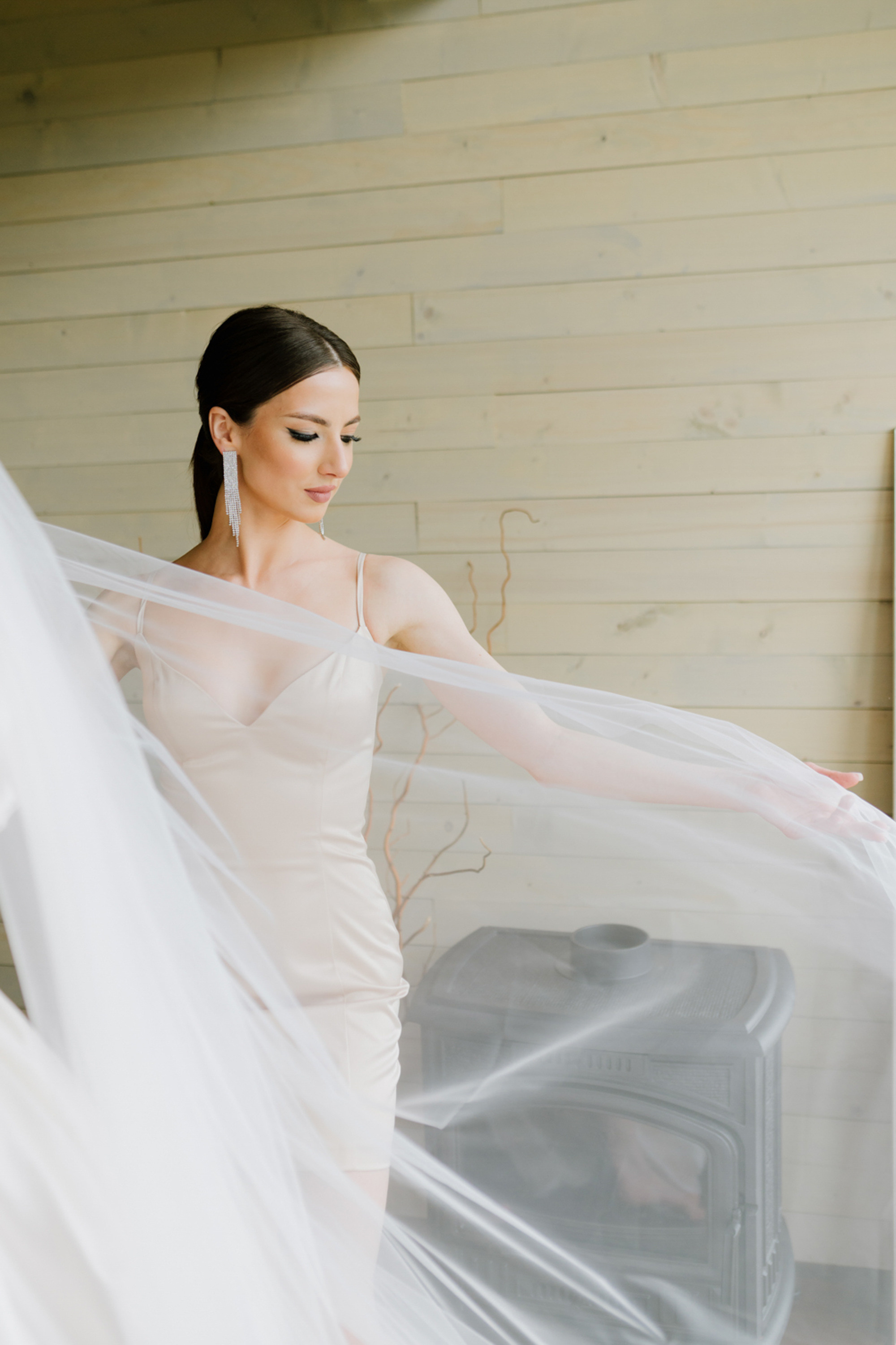 a woman in a wedding dress holding a veil