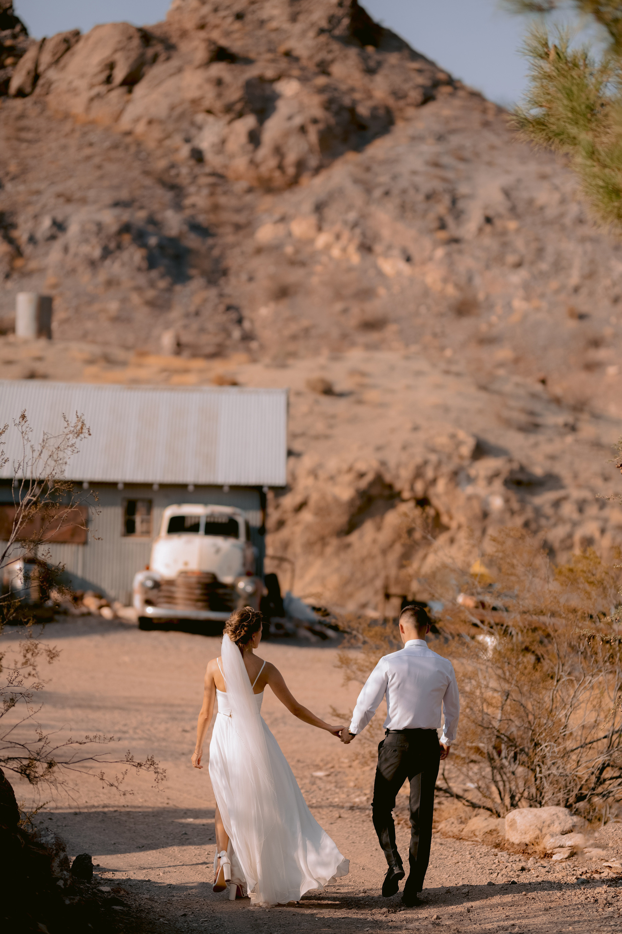 a bride and groom walking in the desert