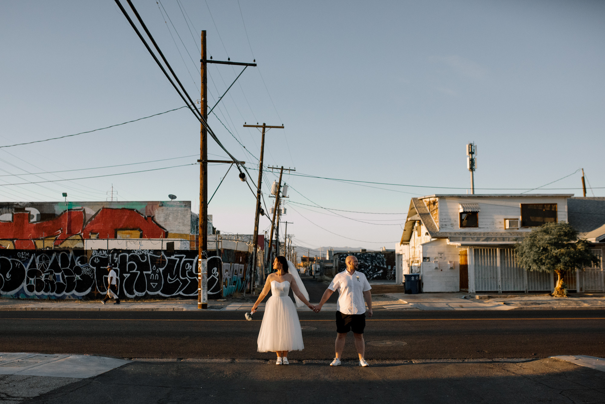 a couple walking down the street
