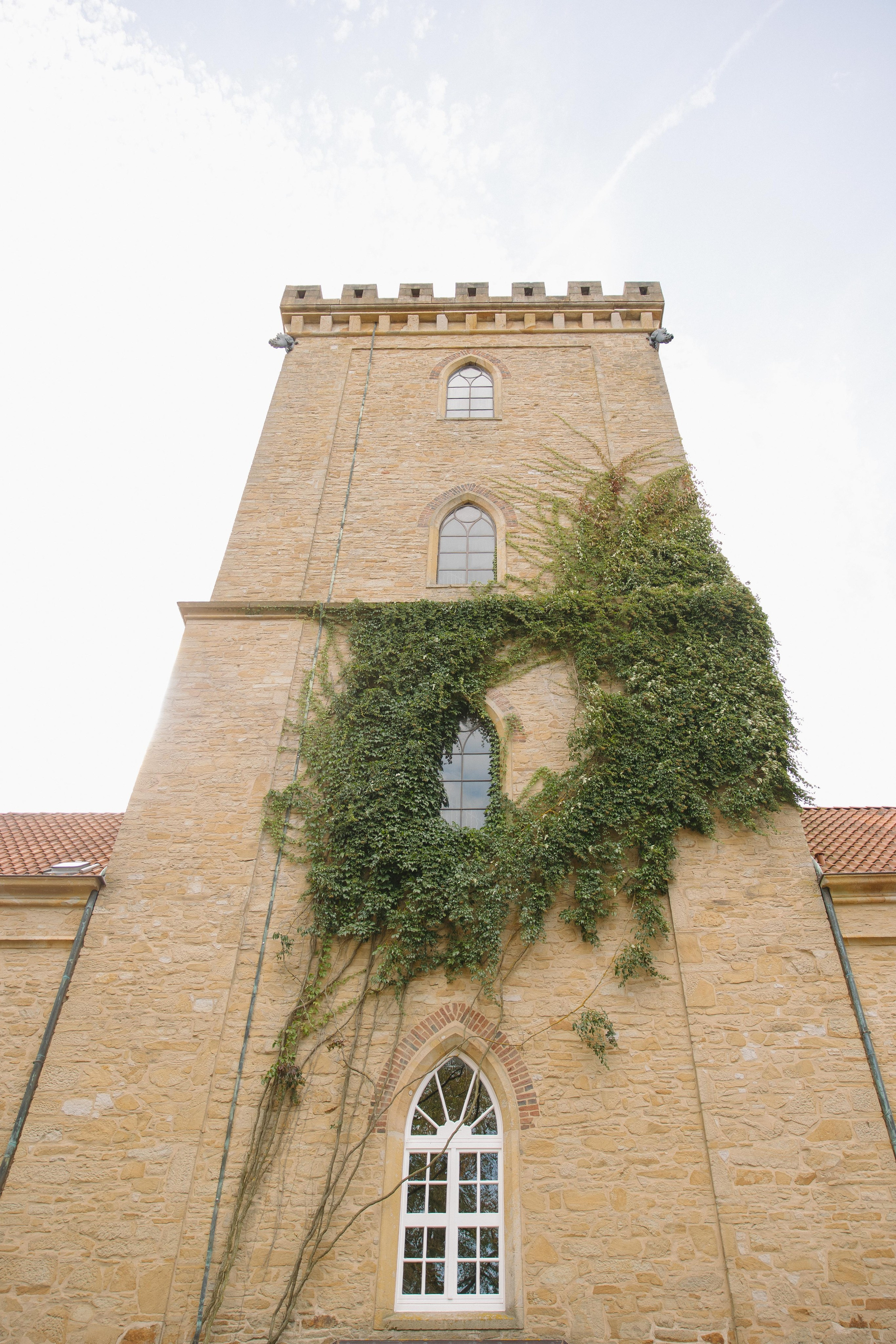 Architektur-Detail des Turms der Diedrichsburg mit Fenster und Efeu-Bewuchs
