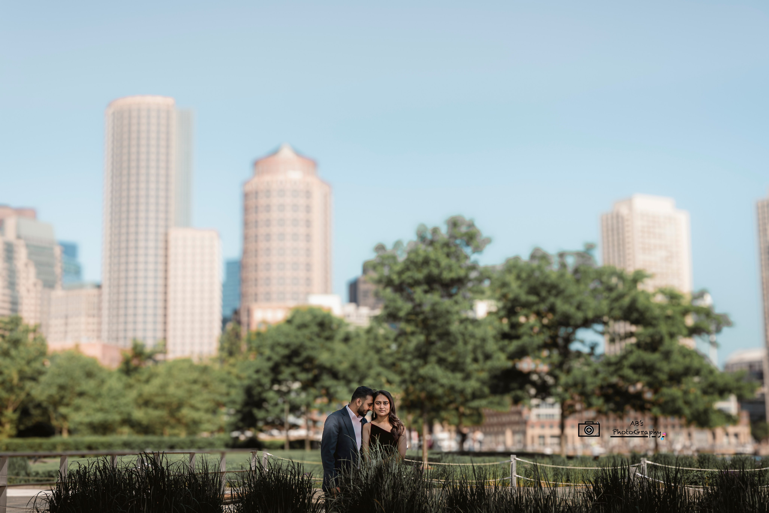 Editorial engagement photos Boston city backdrop