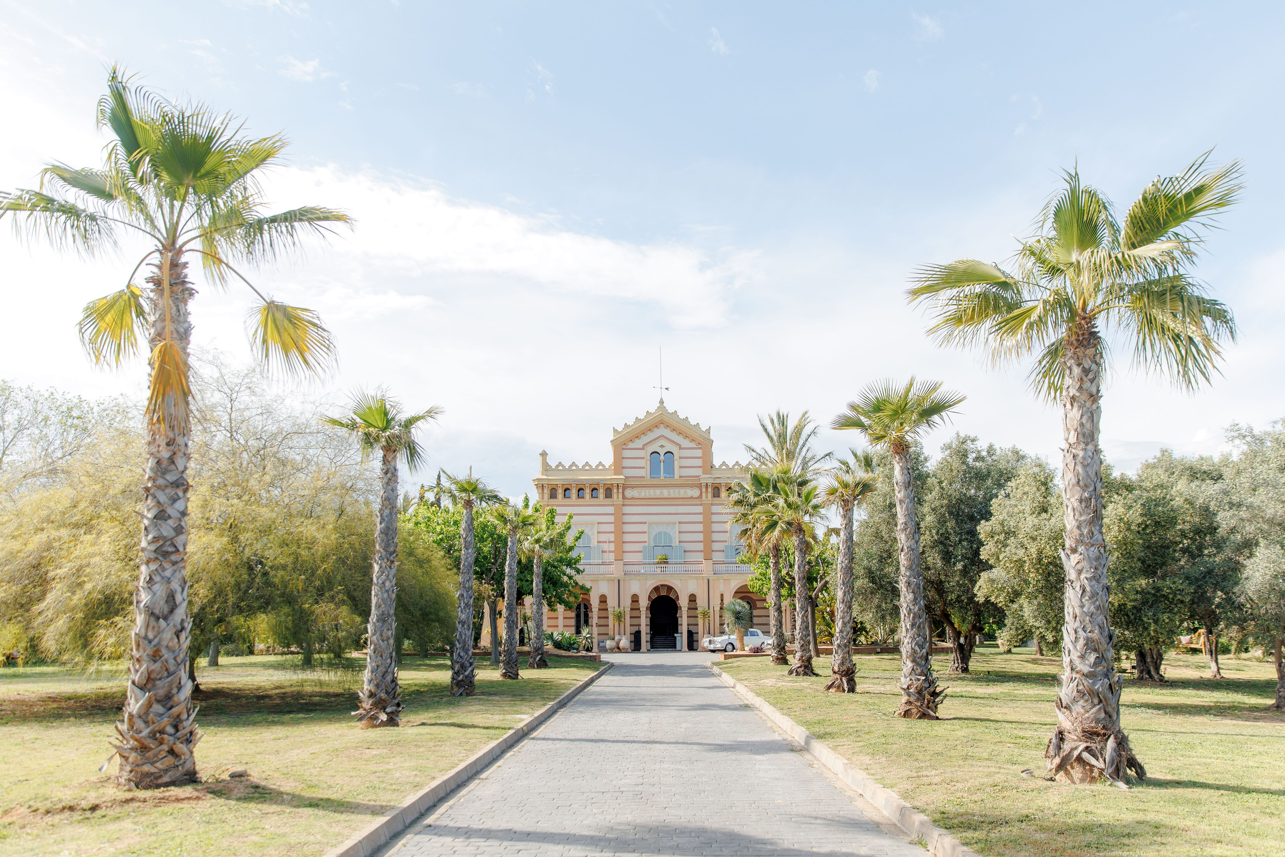Gran Villa Rosa’s façade and palm alley captured in the daylight