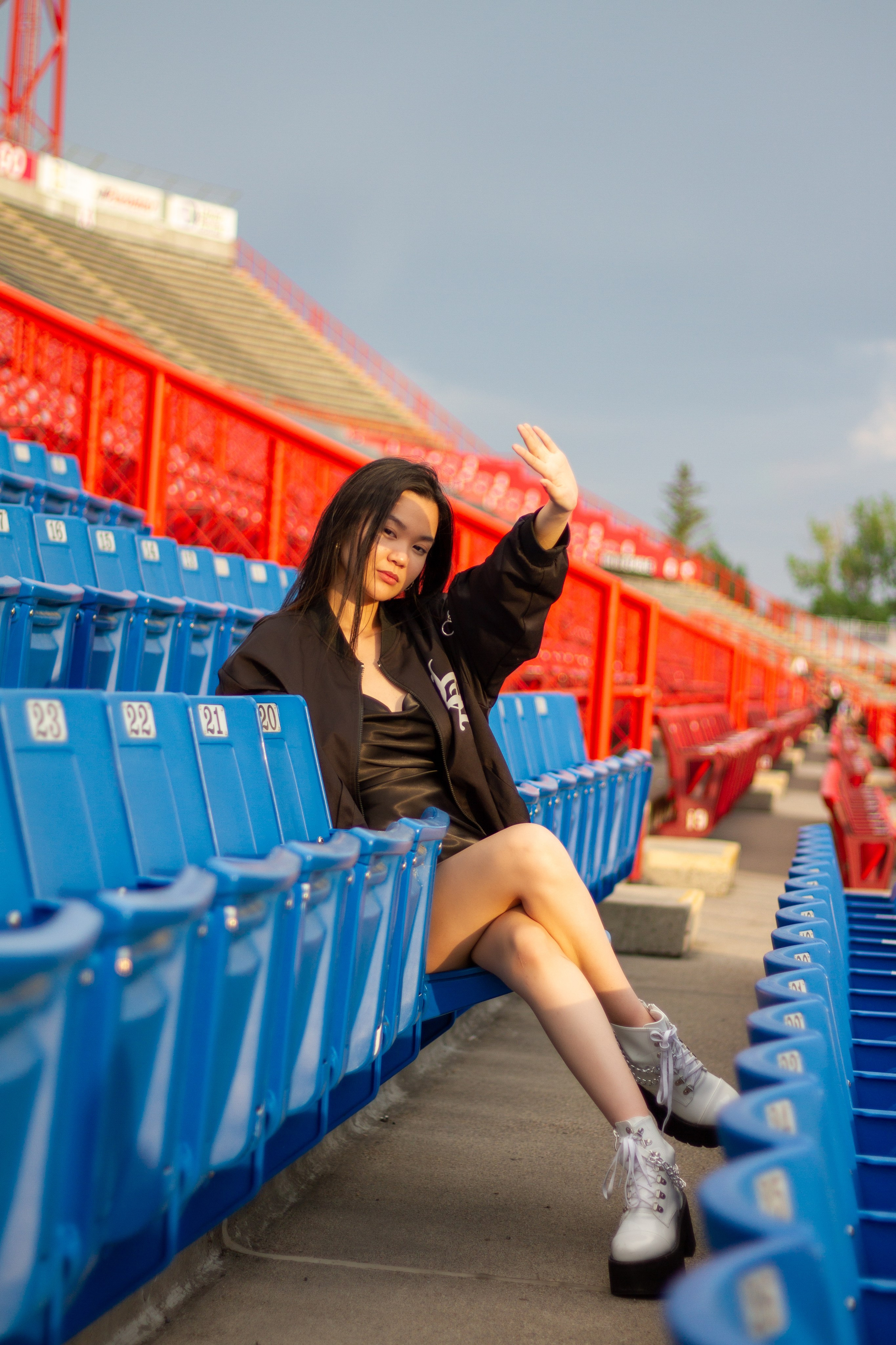 Model Ann at McMahon Stadium: A Stunning Photoshoot Under the Stadium Lights. ProFly.club — Professional aerial filming in Calgary