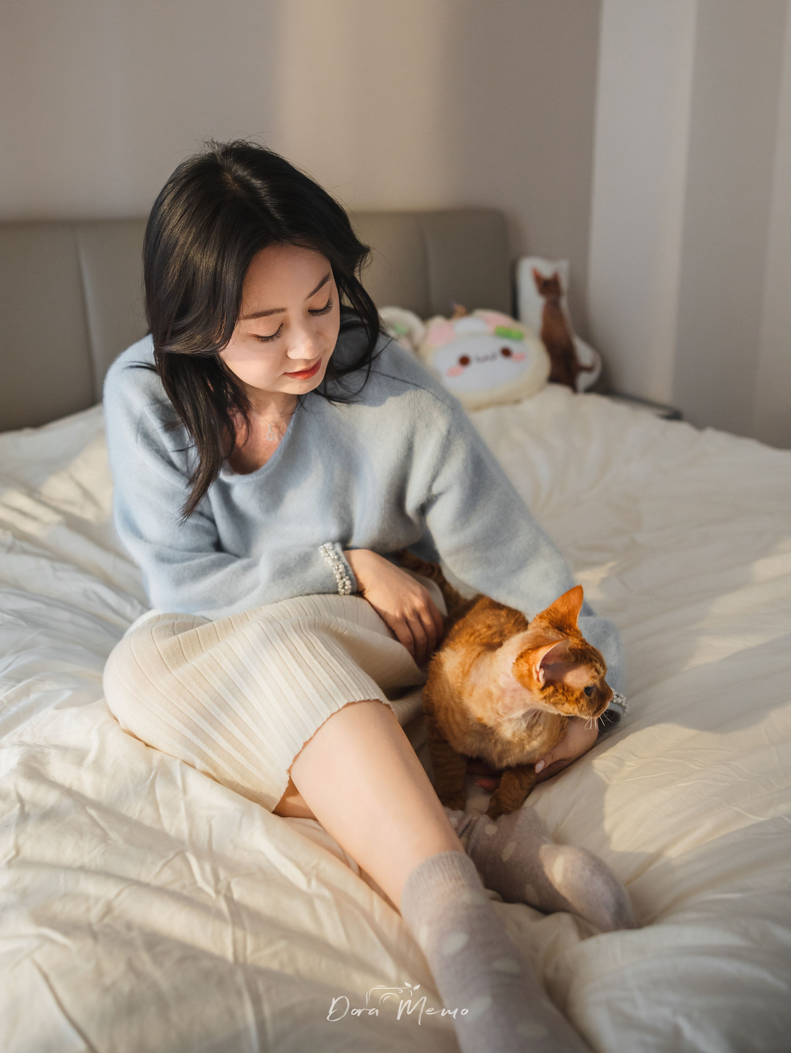 Devon Rex cat sitting on a bed during a relaxed at-home pet photography session