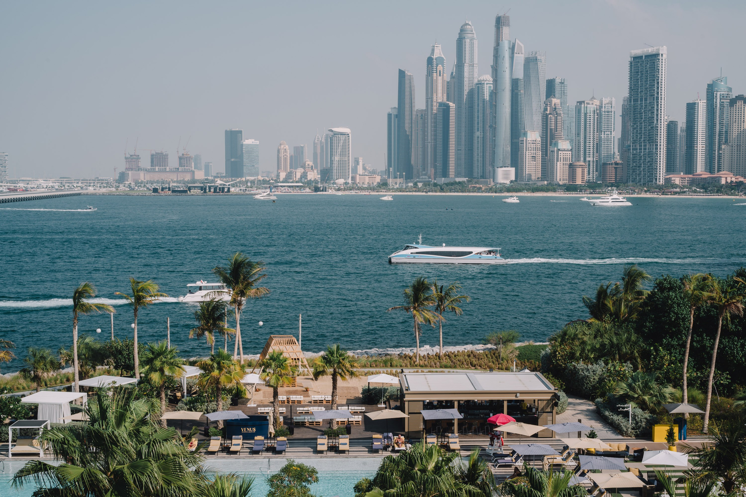 View of the sea and skyscrapers and seashore from Banyan Tree Dubai at Bluewaters hotel
